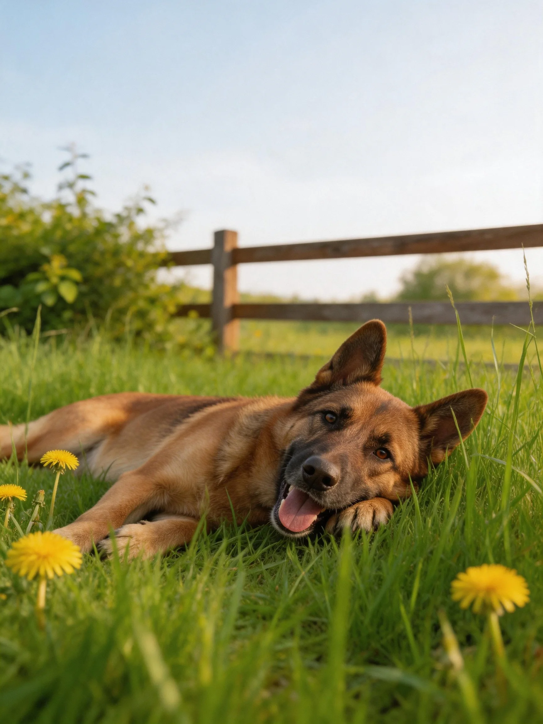 A brown dog relaxes on grass surrounded by yellow flowers beside a wooden fence.