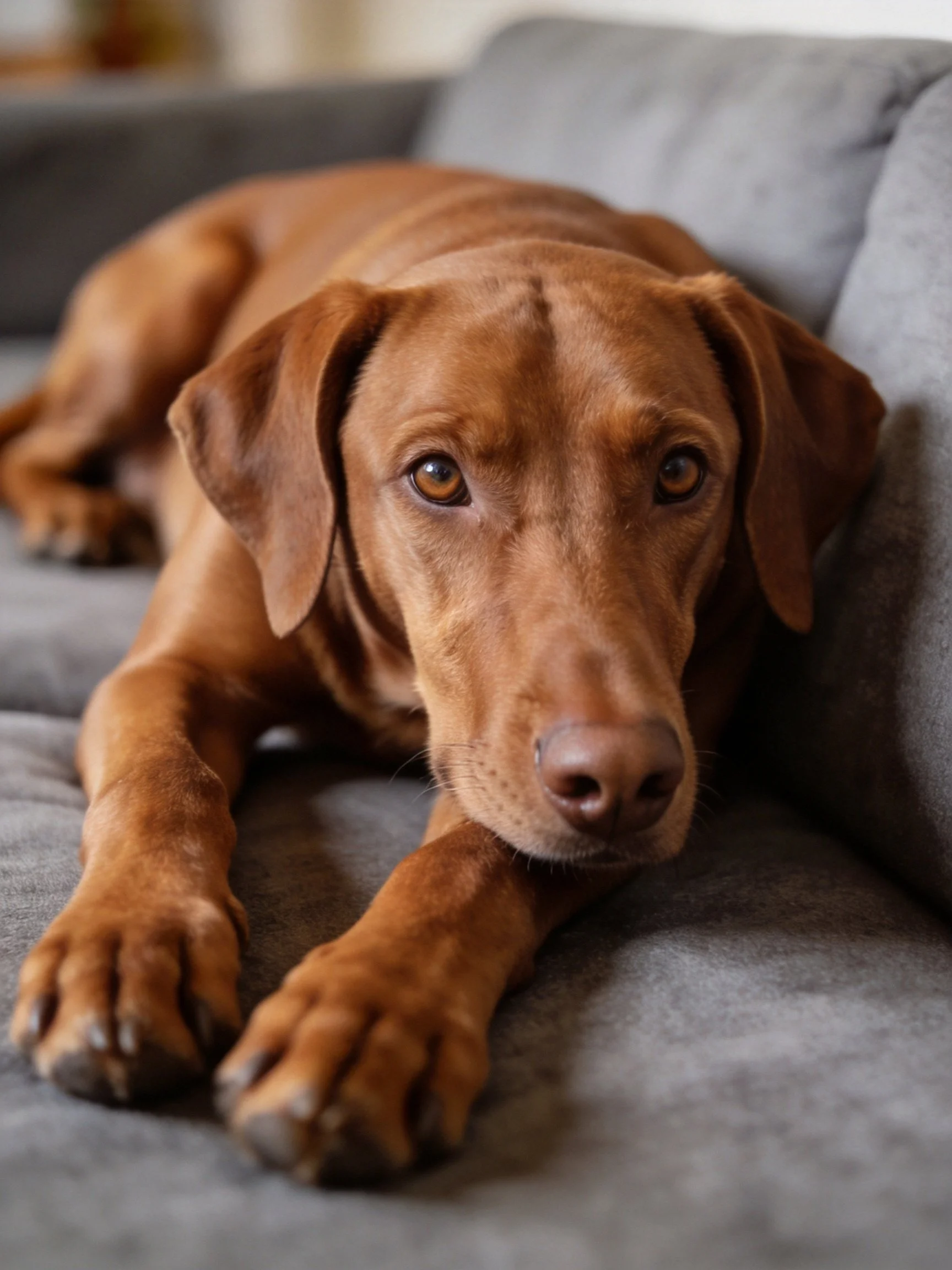 A brown dog lounging on a gray couch