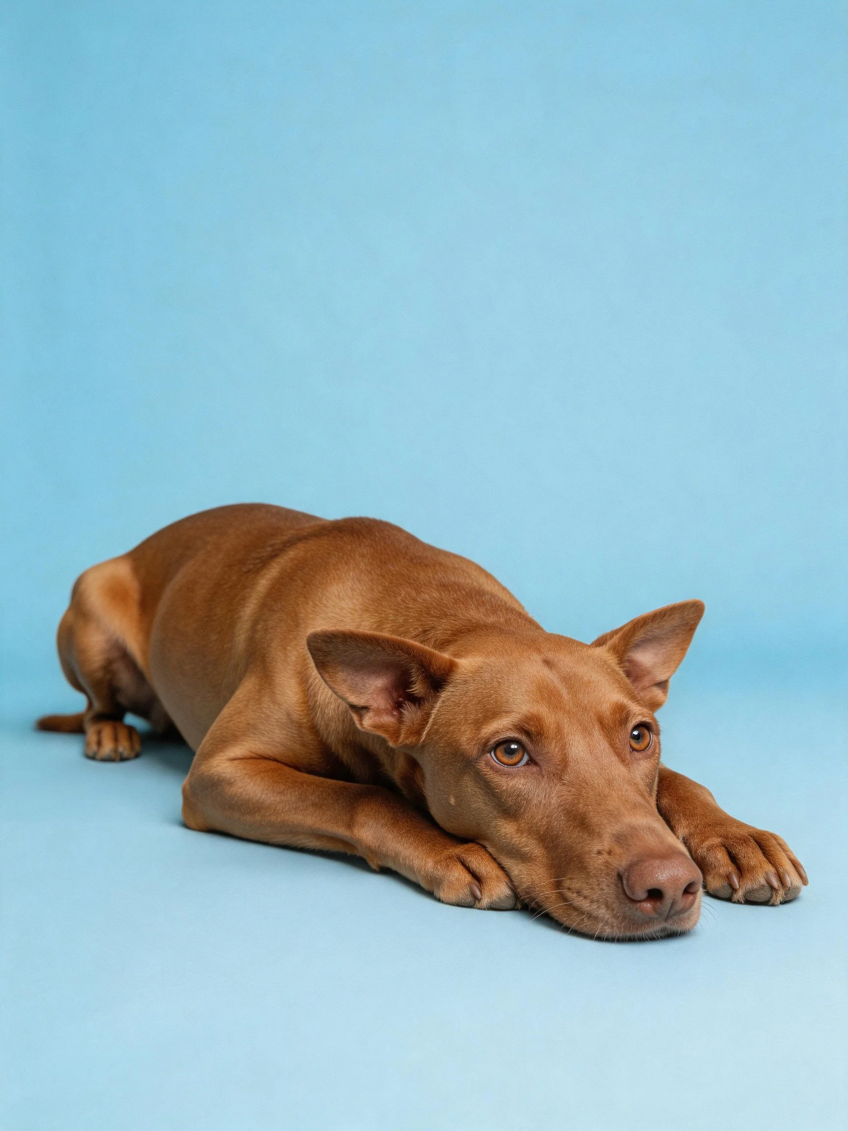A brown dog lying down on a solid blue background