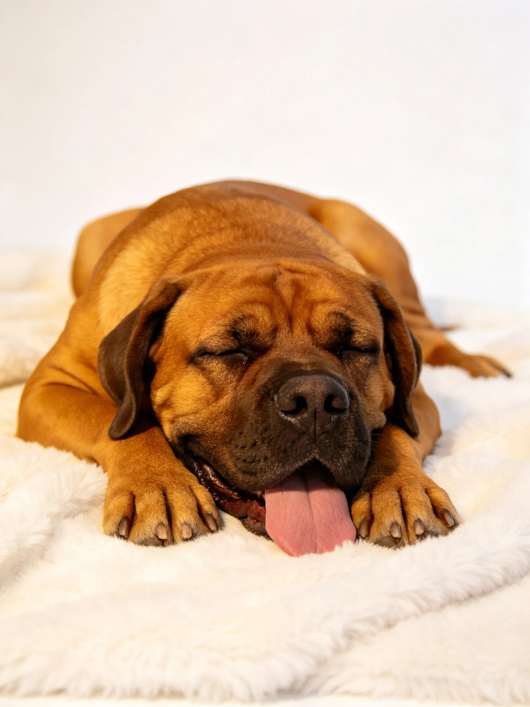 A brown dog napping on a soft white blanket