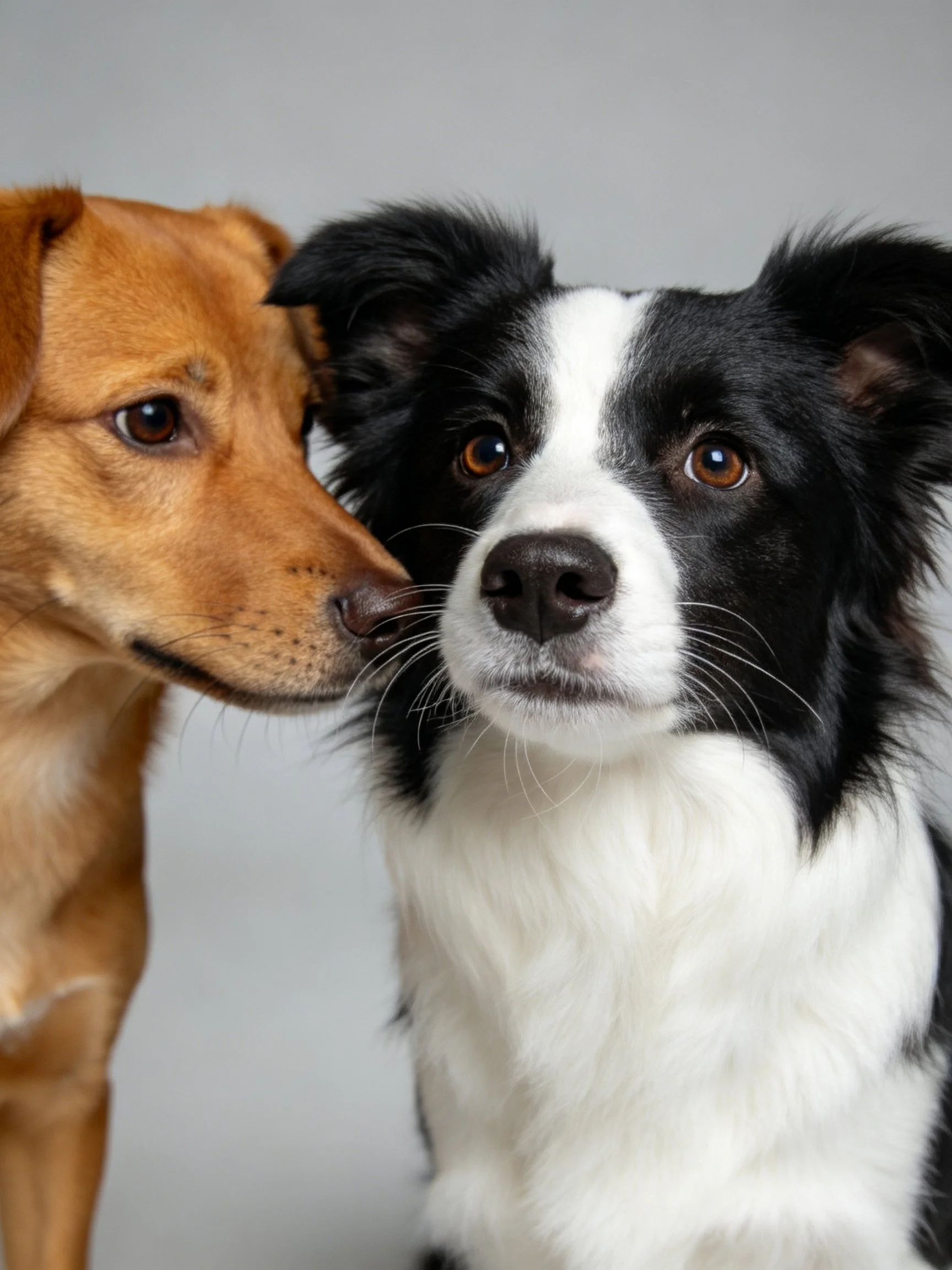 A brown dog gently nuzzles a black - white Border Collie in a simple setting.
