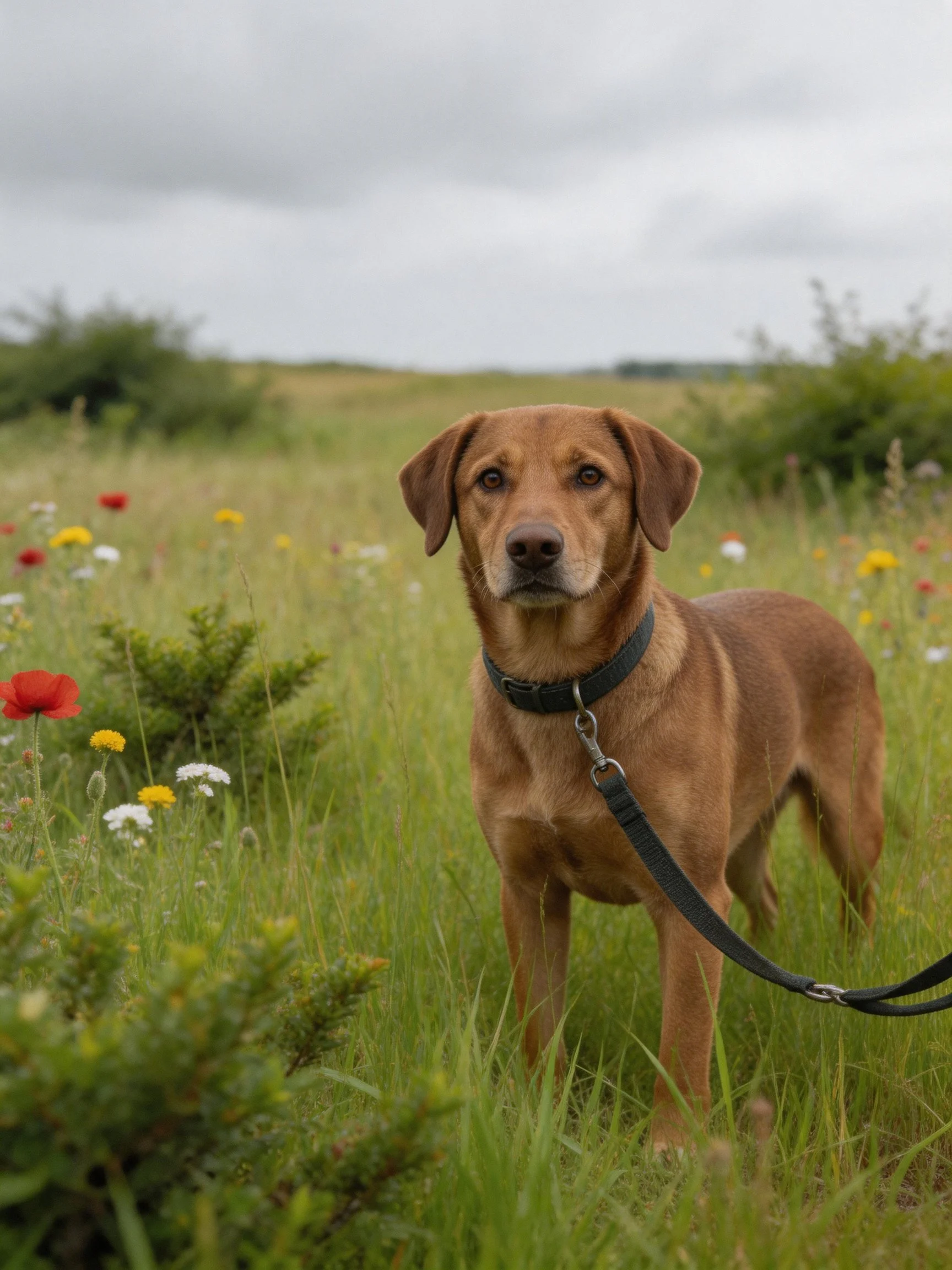 A brown dog on a leash in a wildflower-filled grassy field