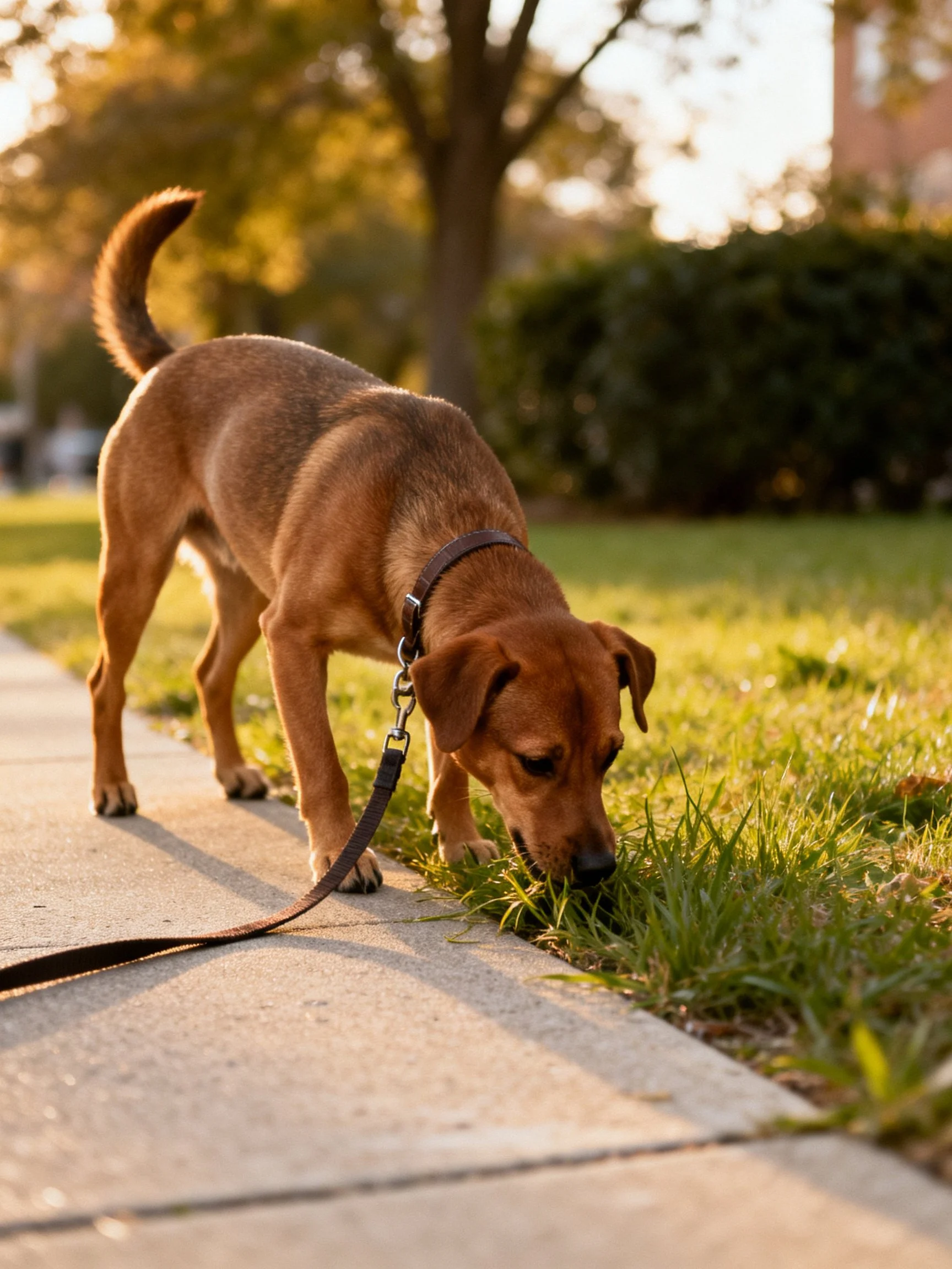 A brown dog on a leash sniffs grass along a sunlit sidewalk