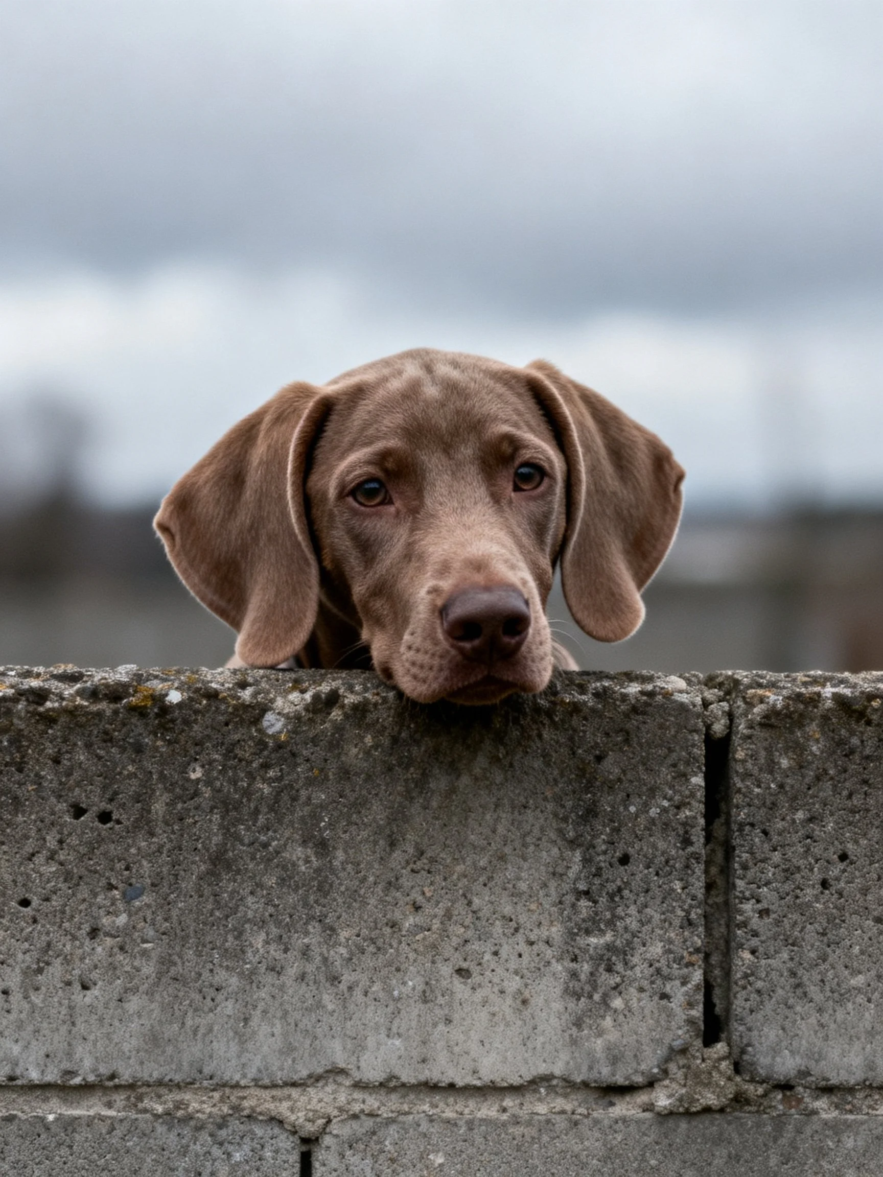 A brown dog peeks over a gray concrete block wall