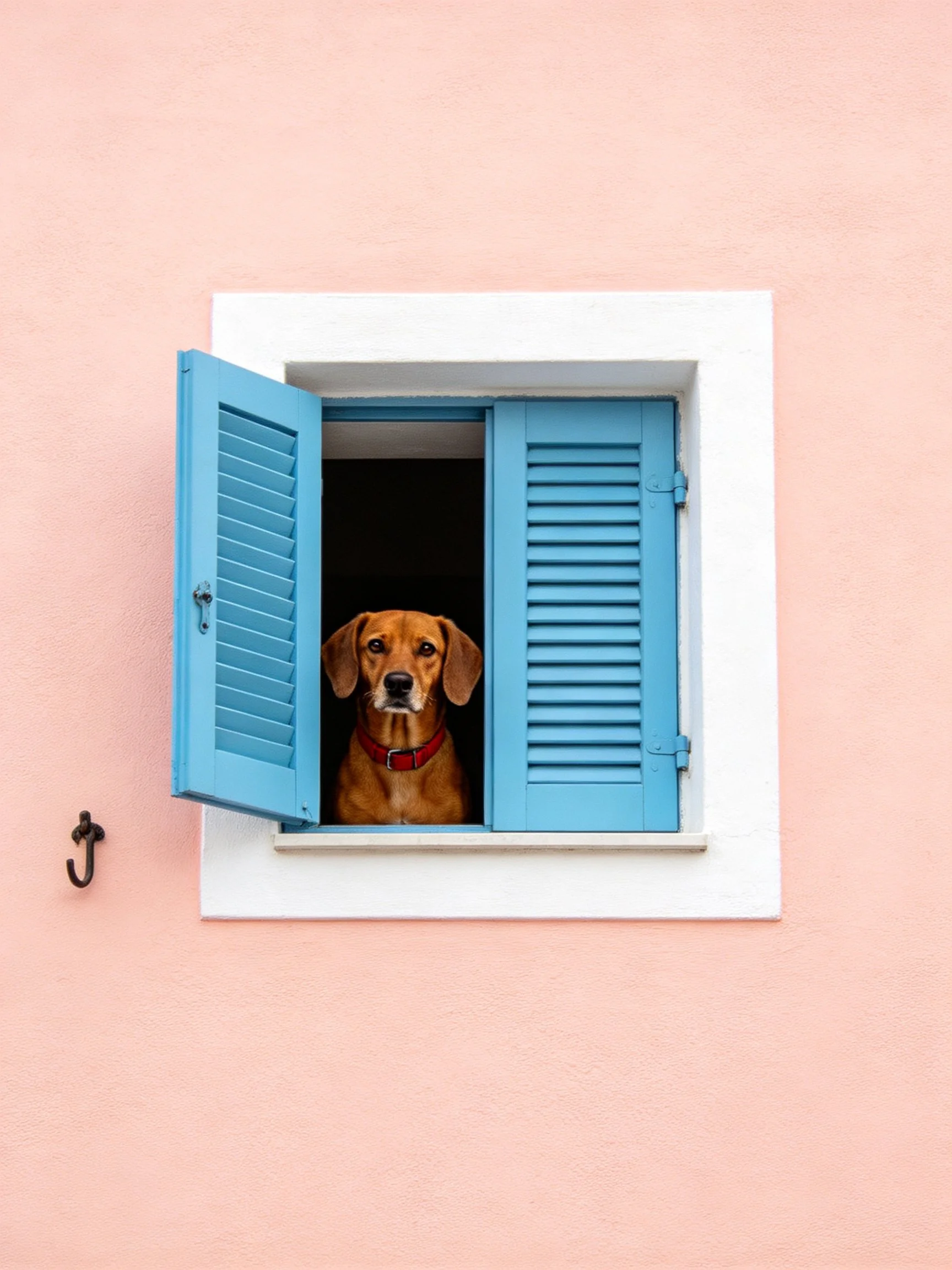 A brown dog peers from an open blue-shuttered window on a pink wall
