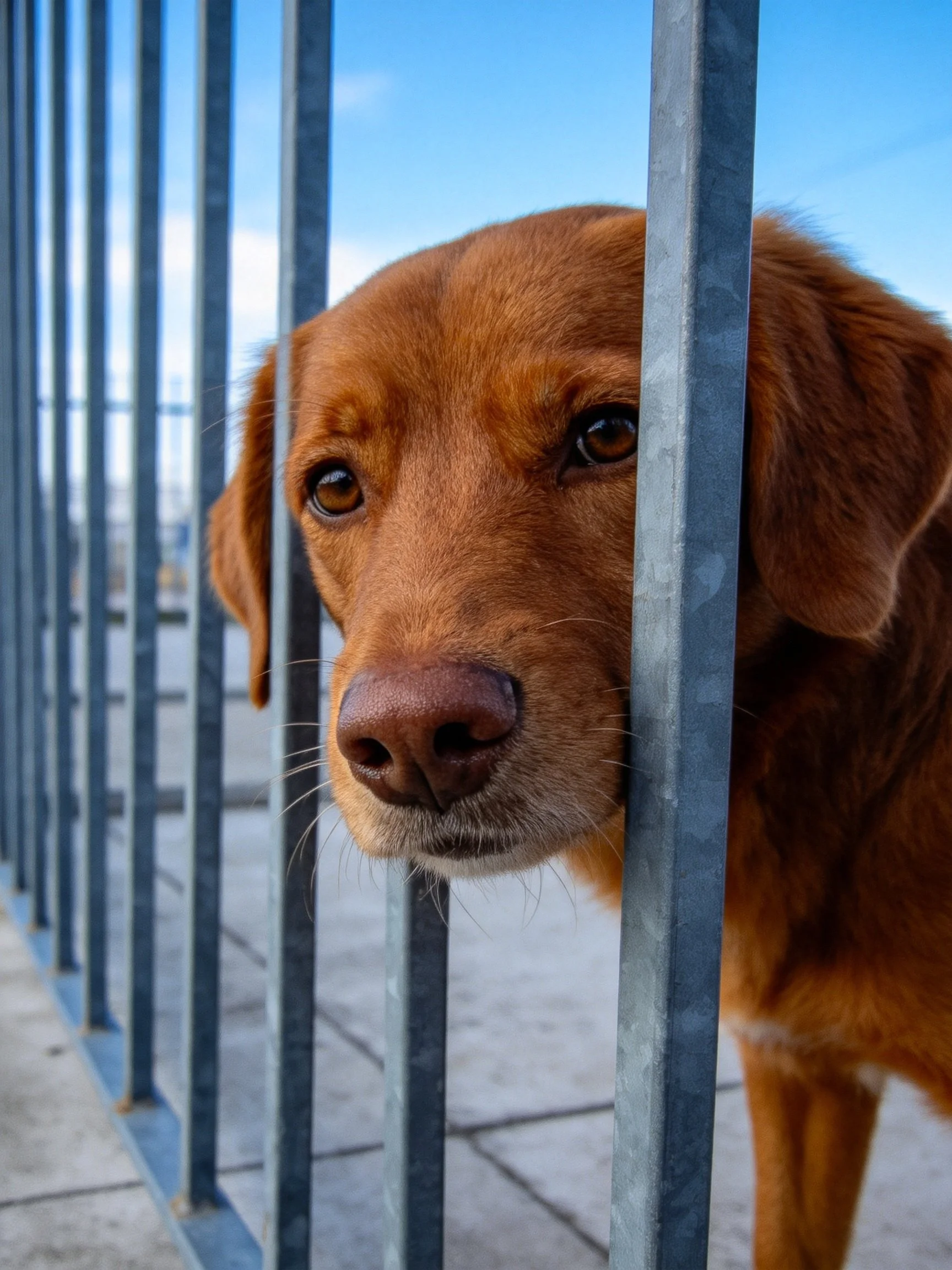 A brown dog peers through dark metal fence bars against a blue sky