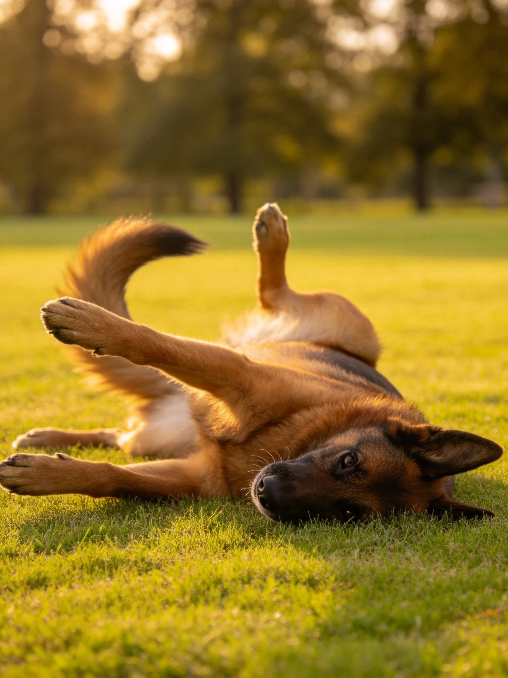 A brown dog playfully rolls on sunlit green grass