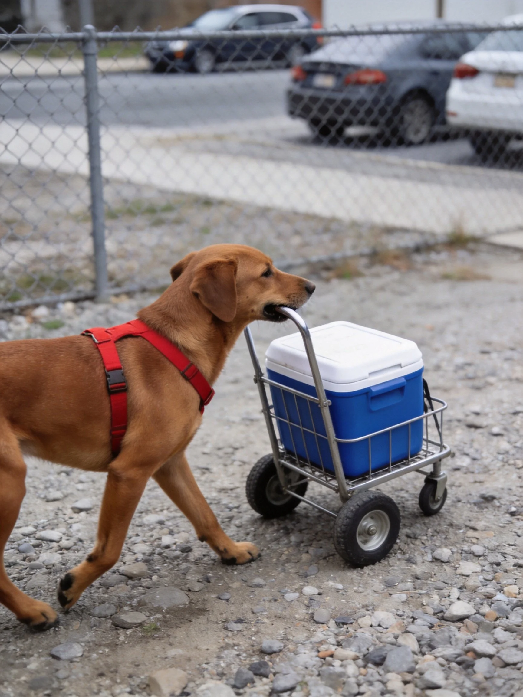 A brown dog pulls a cart carrying a blue cooler near a fence.
