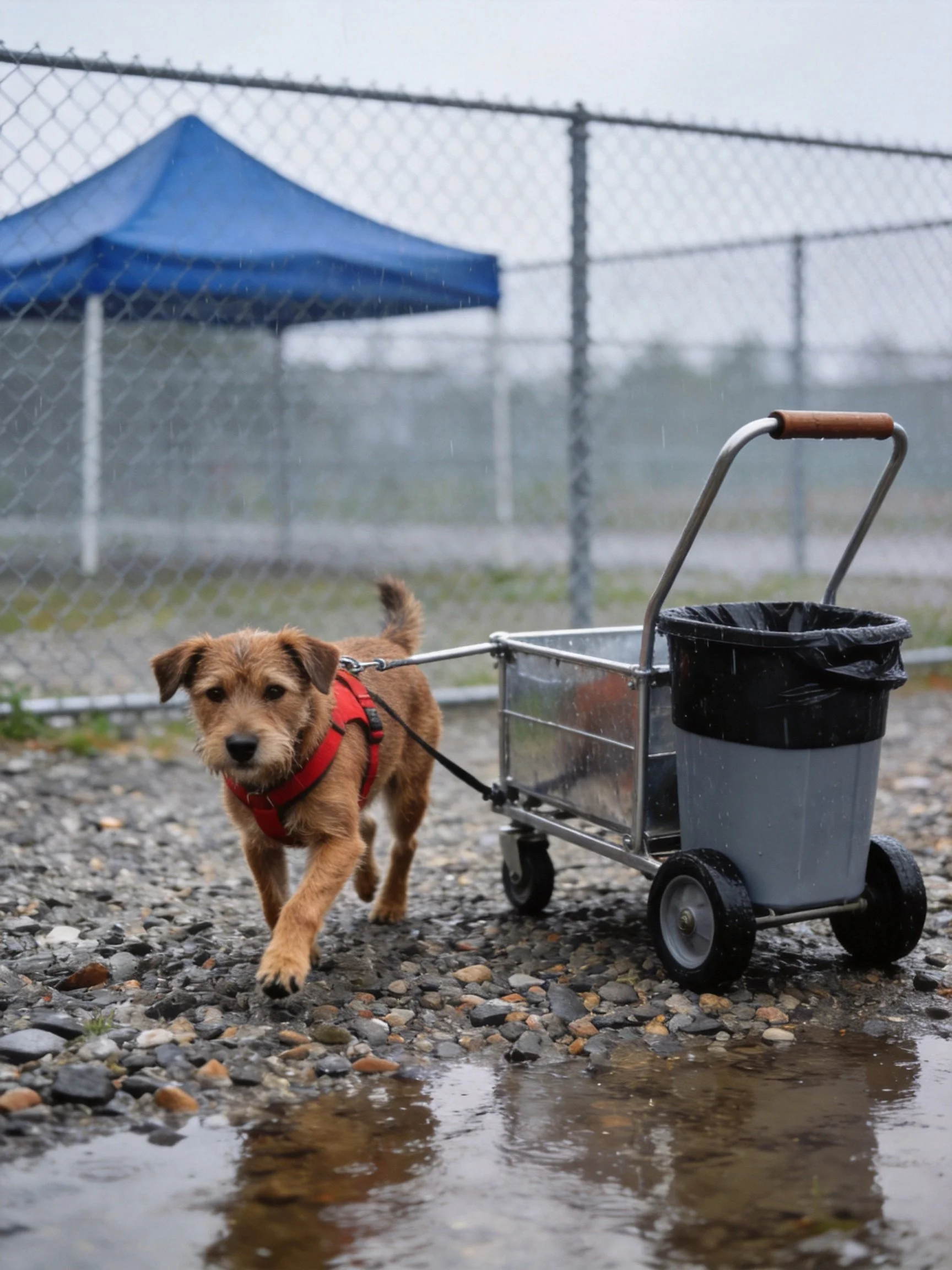 A brown dog pulls a cart in a rainy fenced outdoor area.