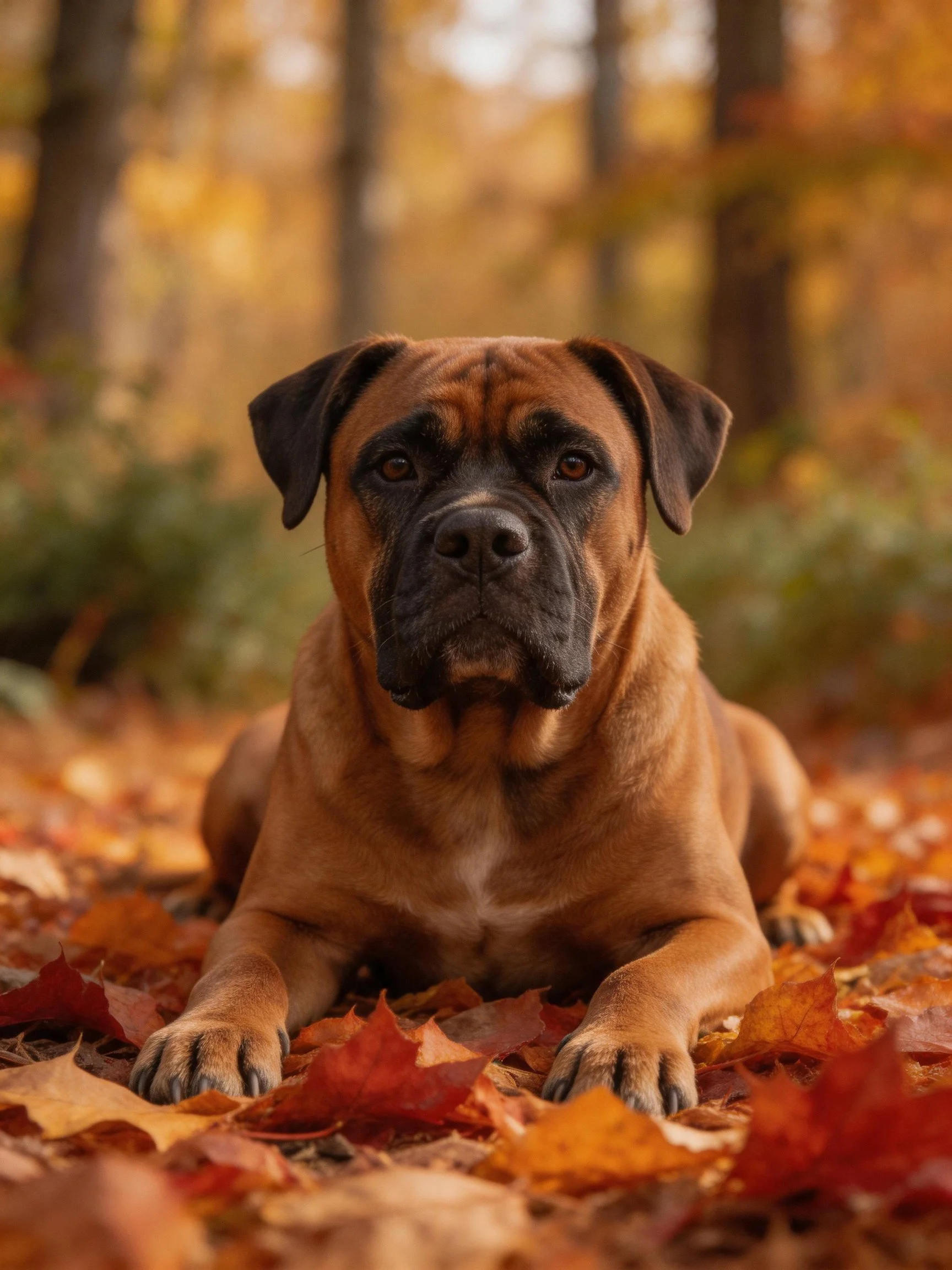A brown dog lies calmly among fallen autumn leaves in a forest setting.