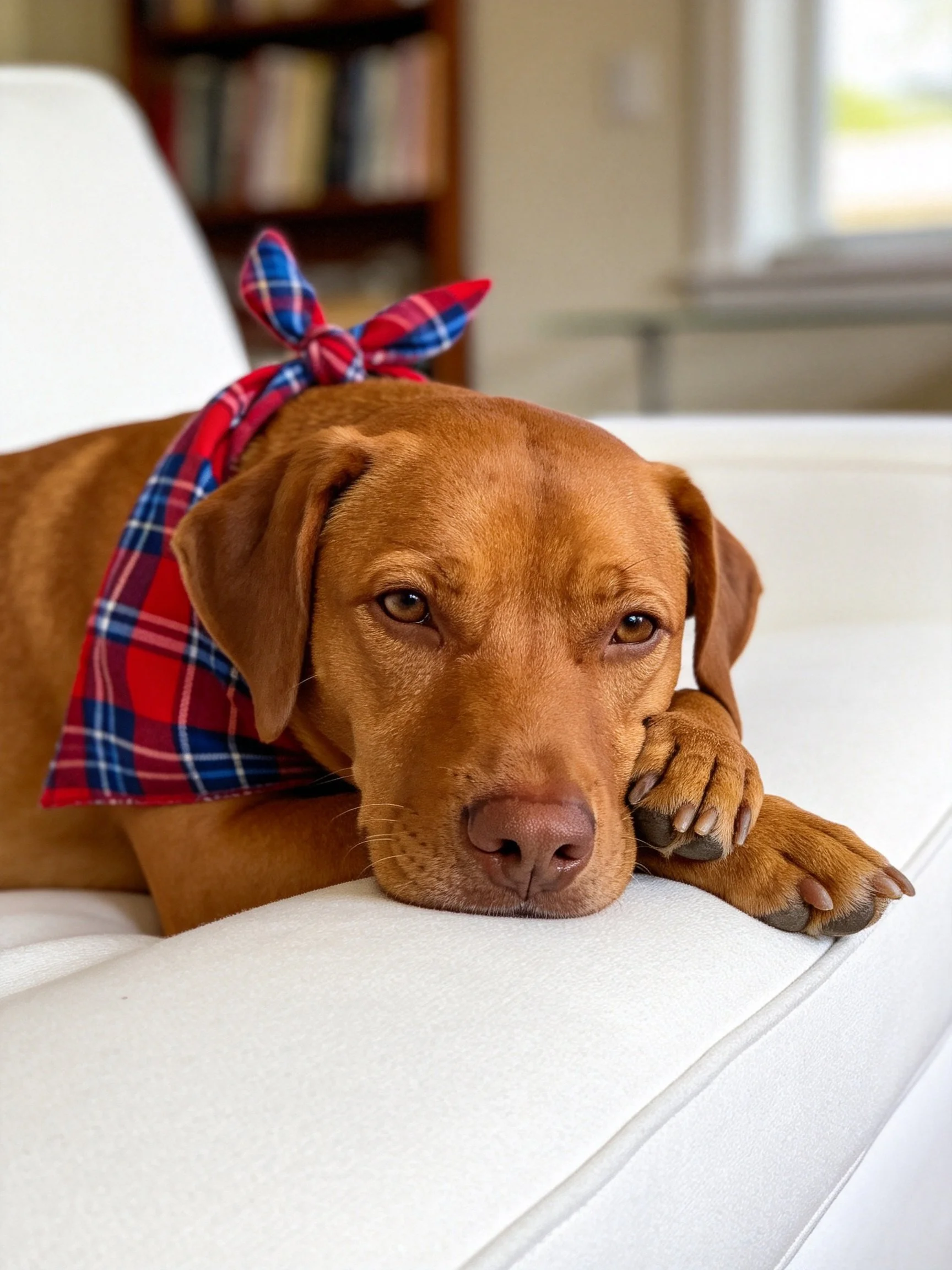 A brown dog resting on a white couch with a red-blue plaid bandana