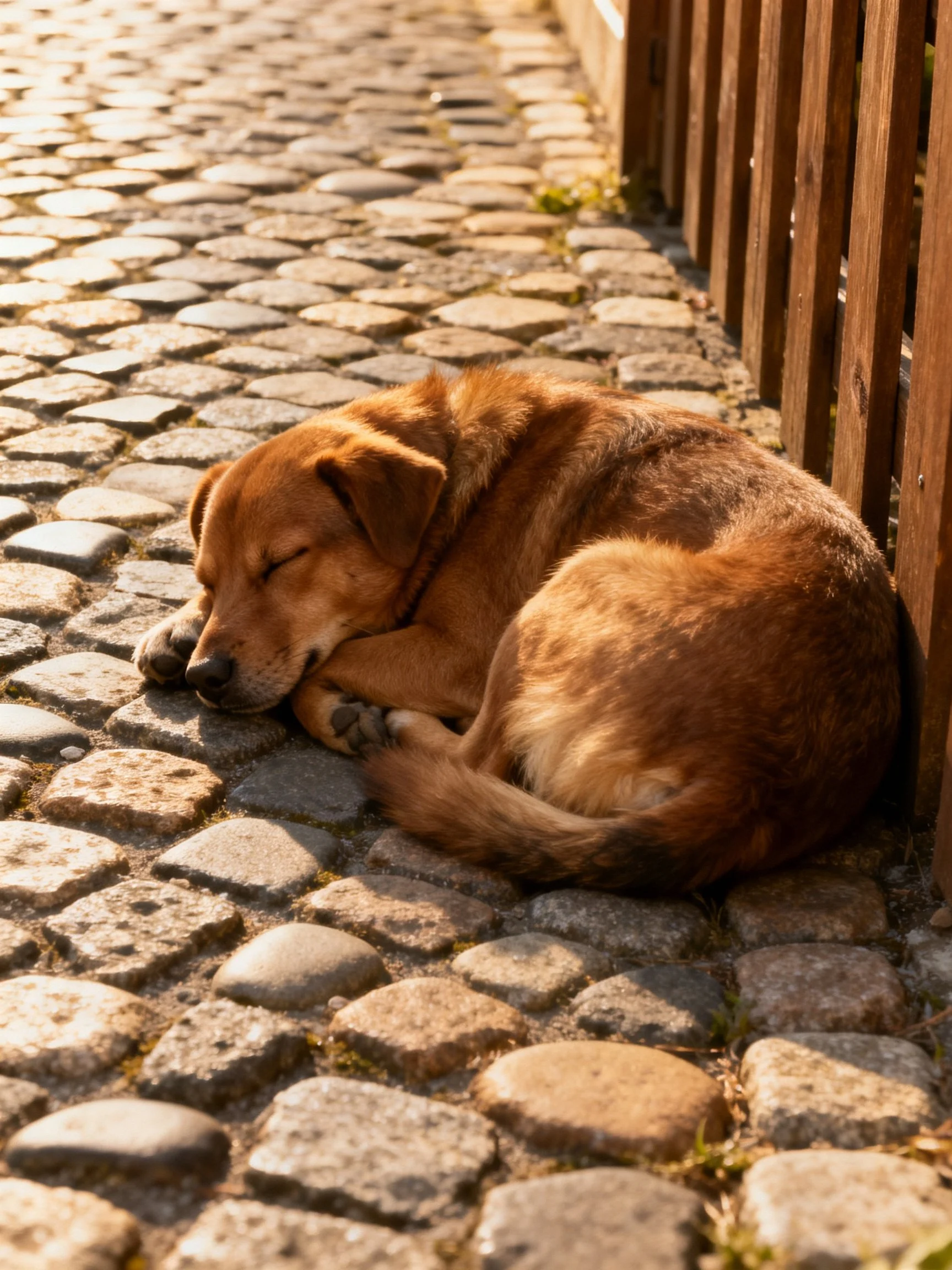 A brown dog resting on cobblestone pavement near a wooden fence