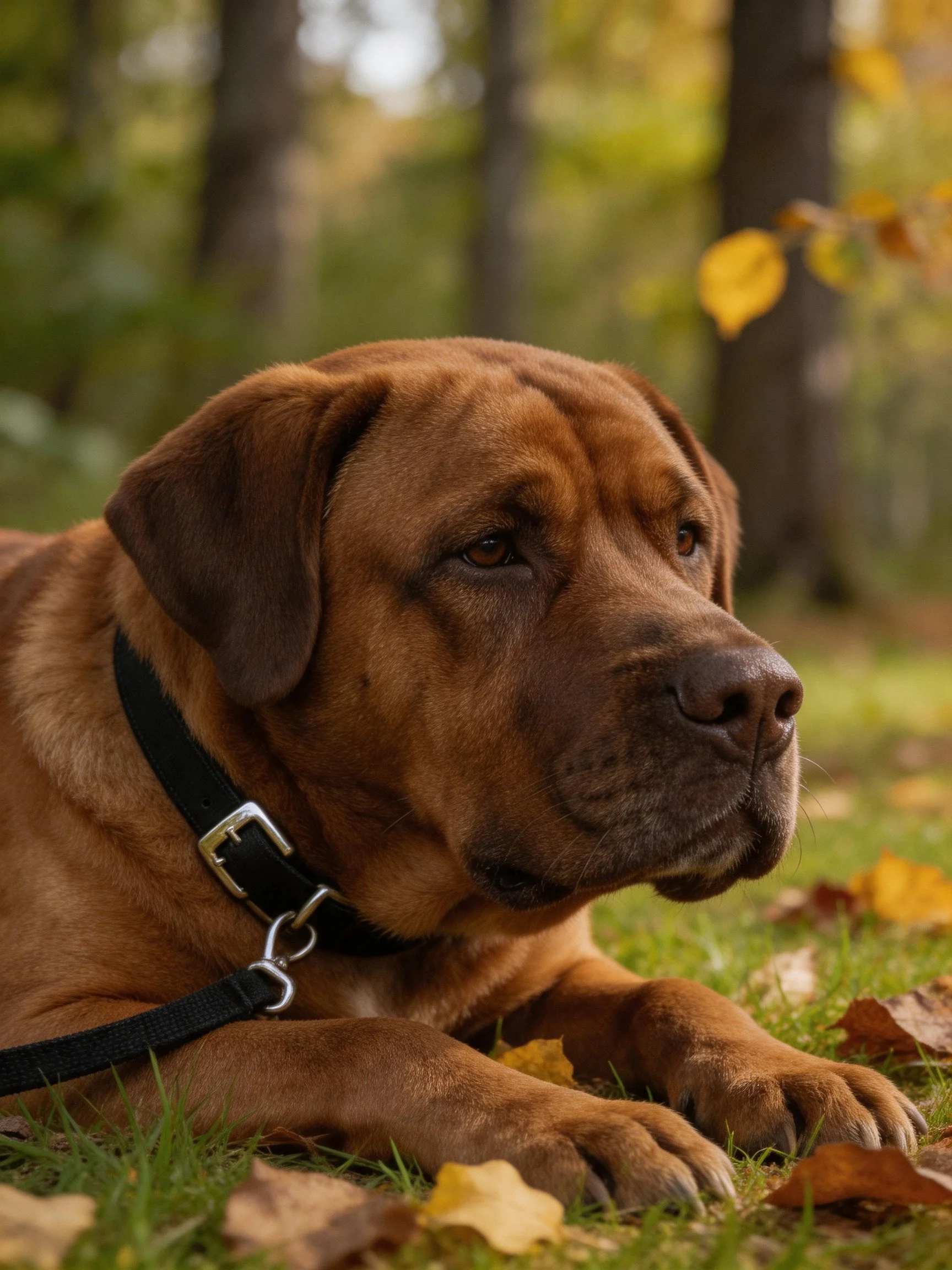 A brown dog rests on grass surrounded by autumn leaves in nature.