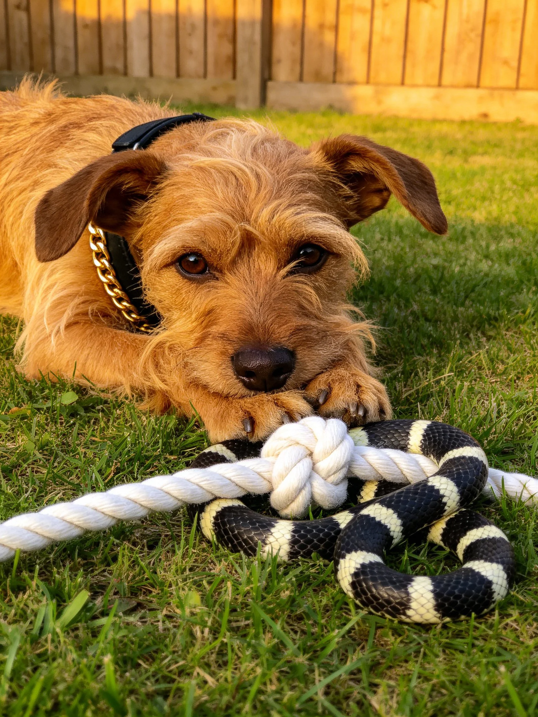 A brown dog rests by a rope-snake toy on green grass