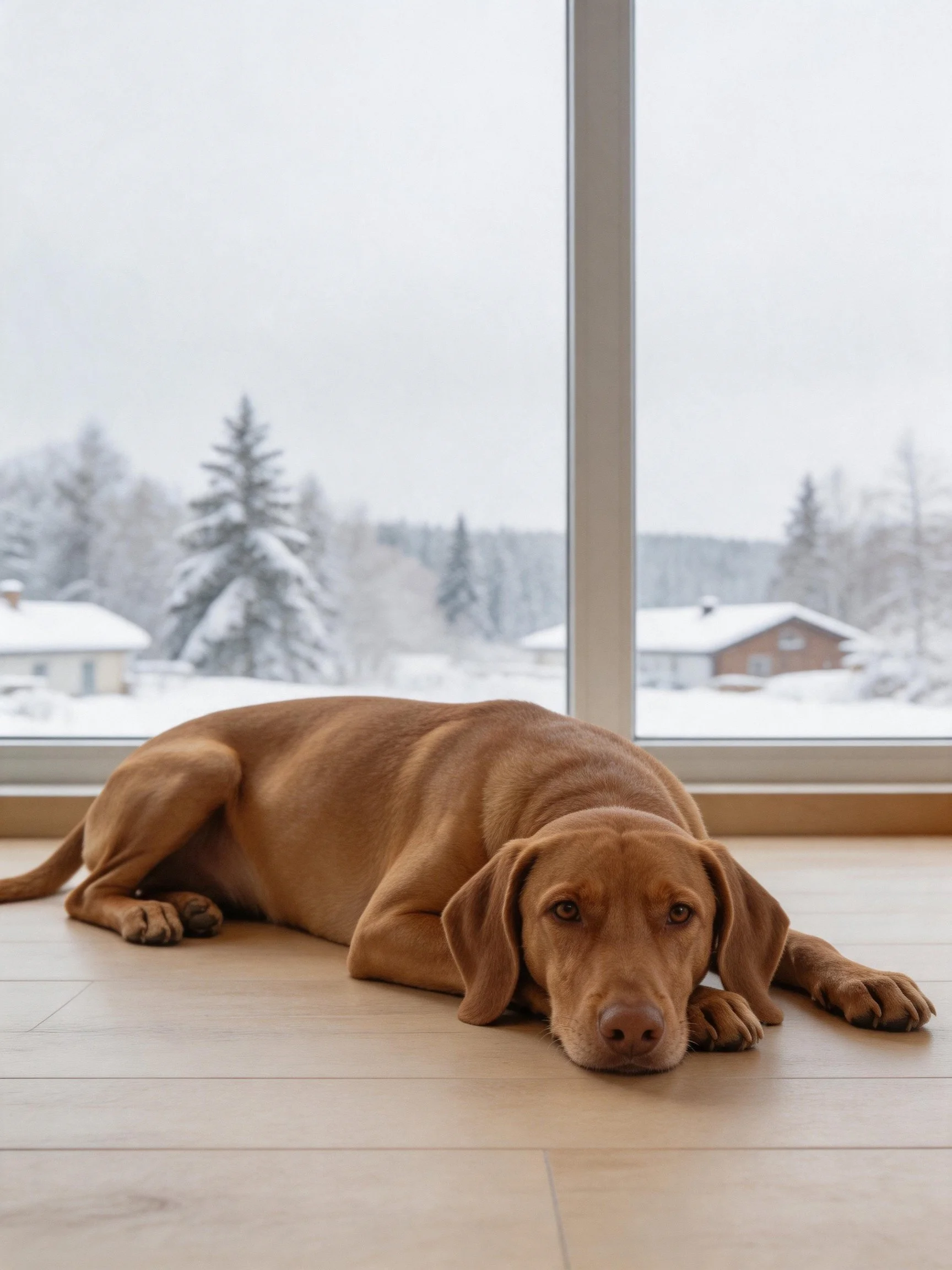 A brown dog rests indoors by a large window with a snowy winter landscape