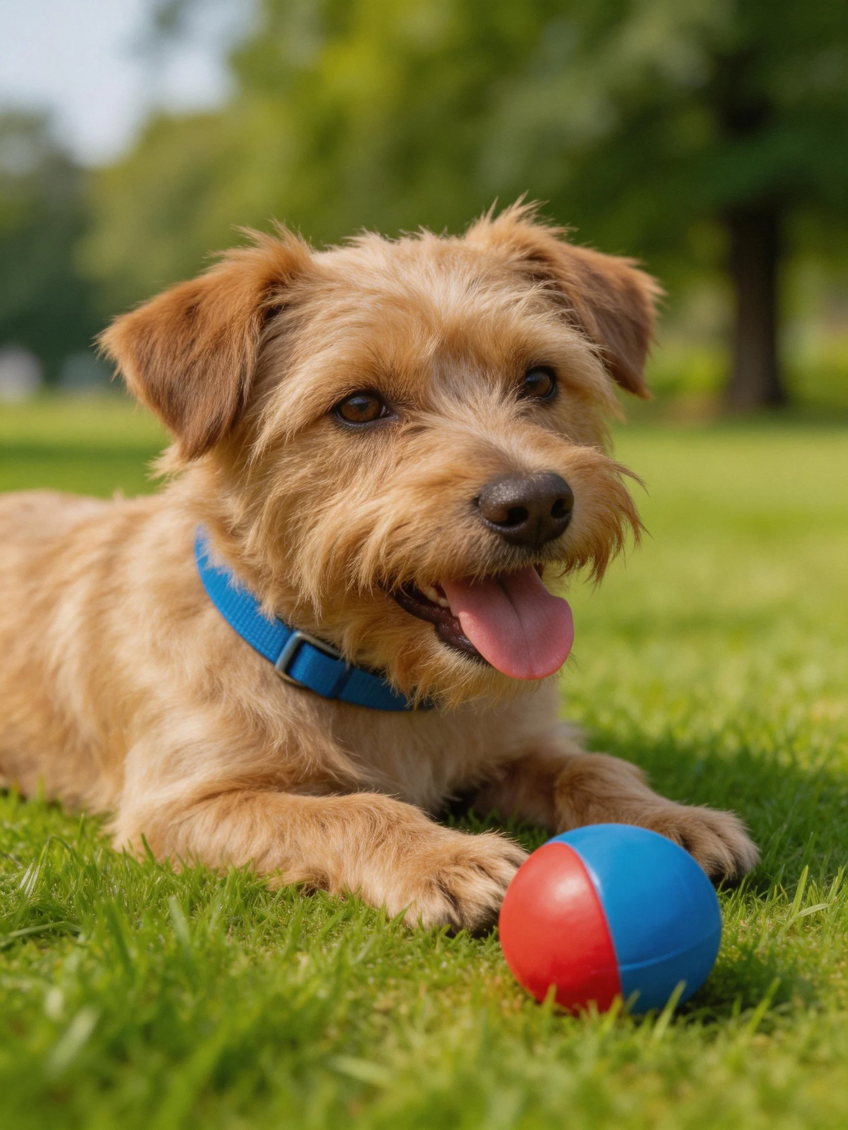 A brown dog rests near a red-blue ball on green grass