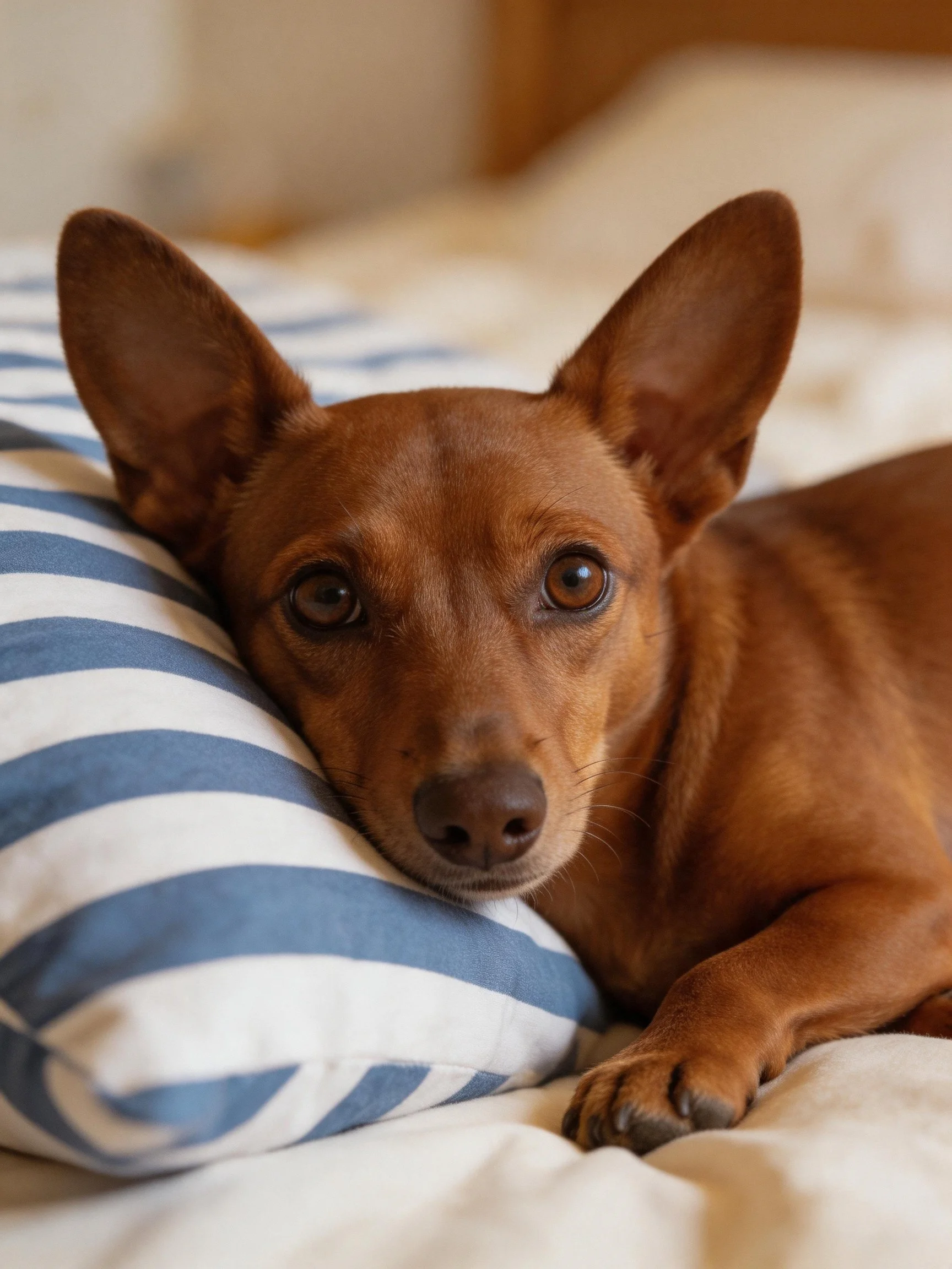 A brown dog lies comfortably on a blue - white striped pillow.