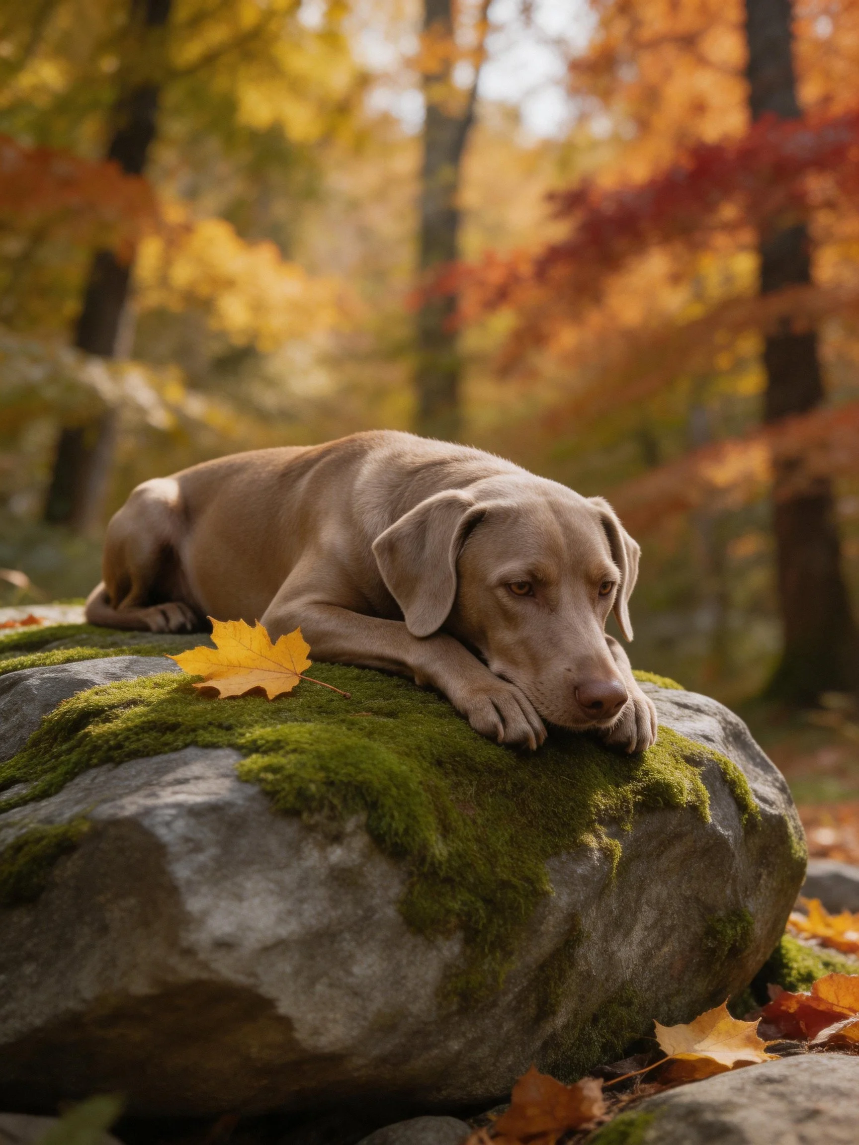 A brown dog relaxes on a mossy rock amid autumnal trees.