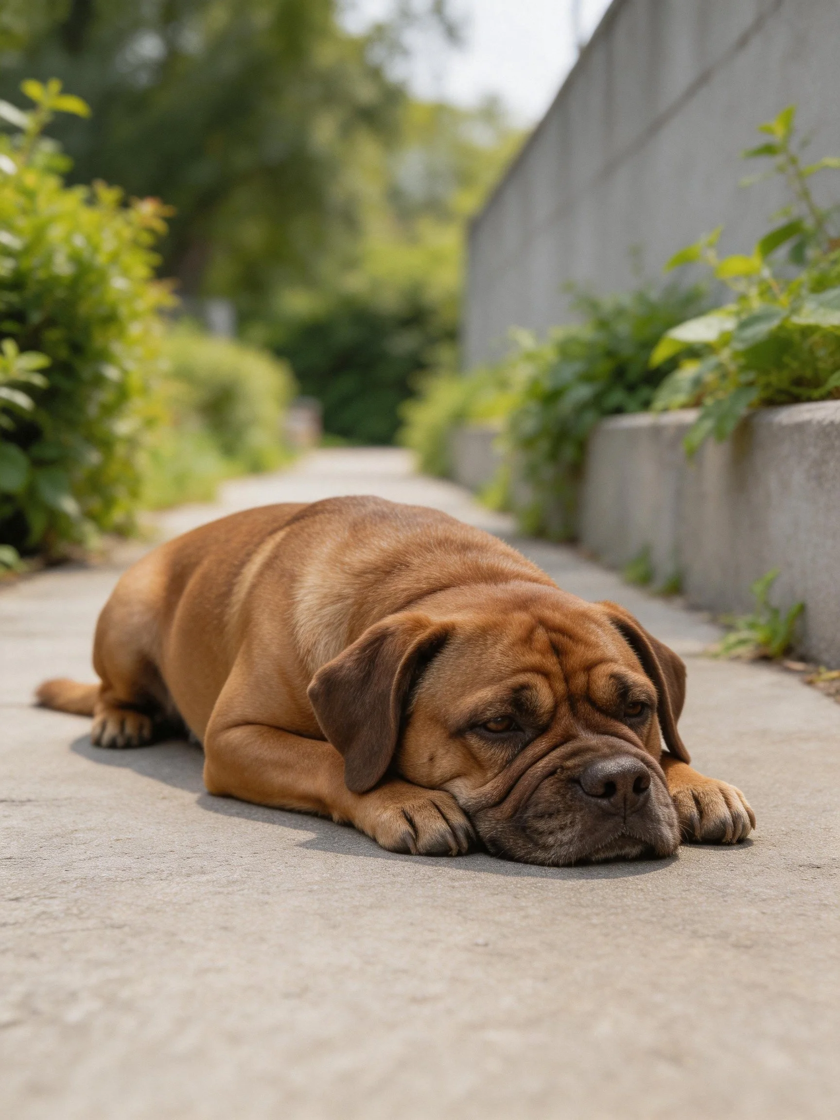 A brown dog rests on a narrow concrete path beside greenery