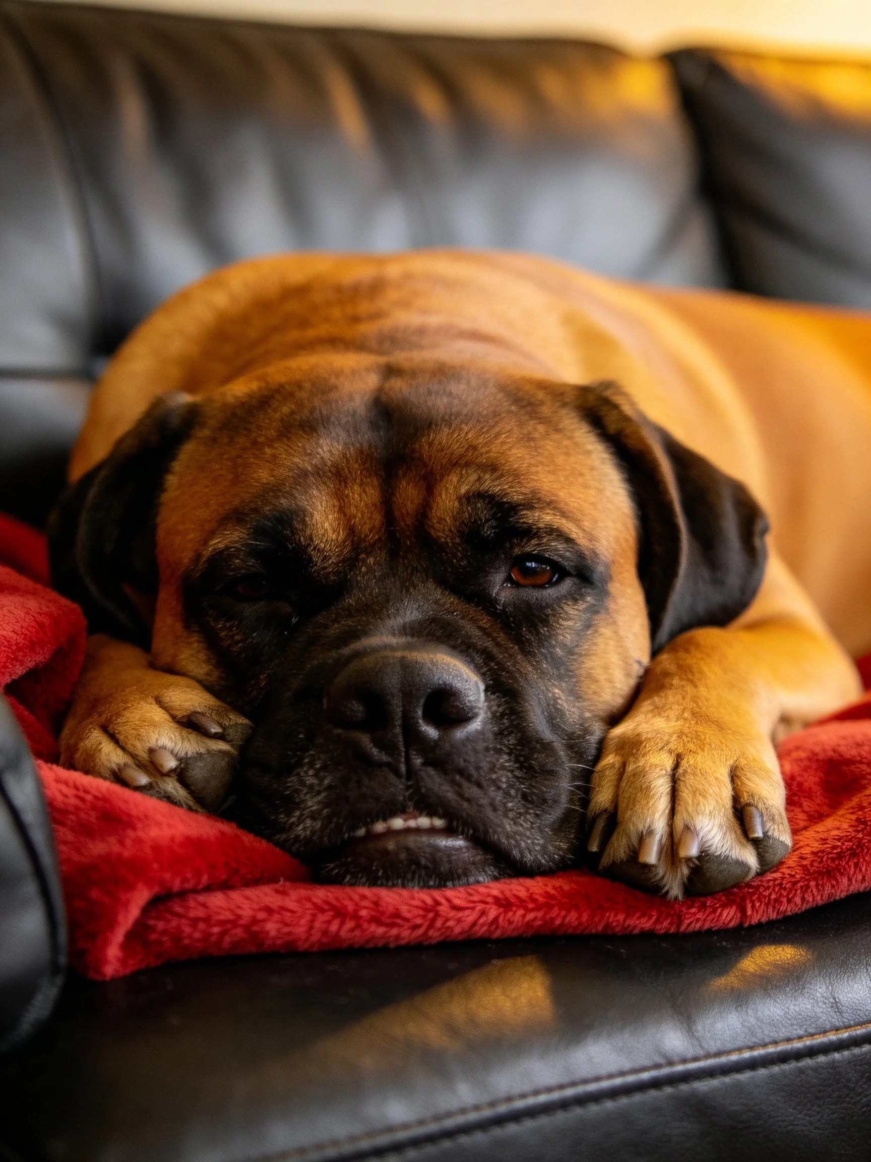 A brown dog rests on a red blanket on a black leather couch
