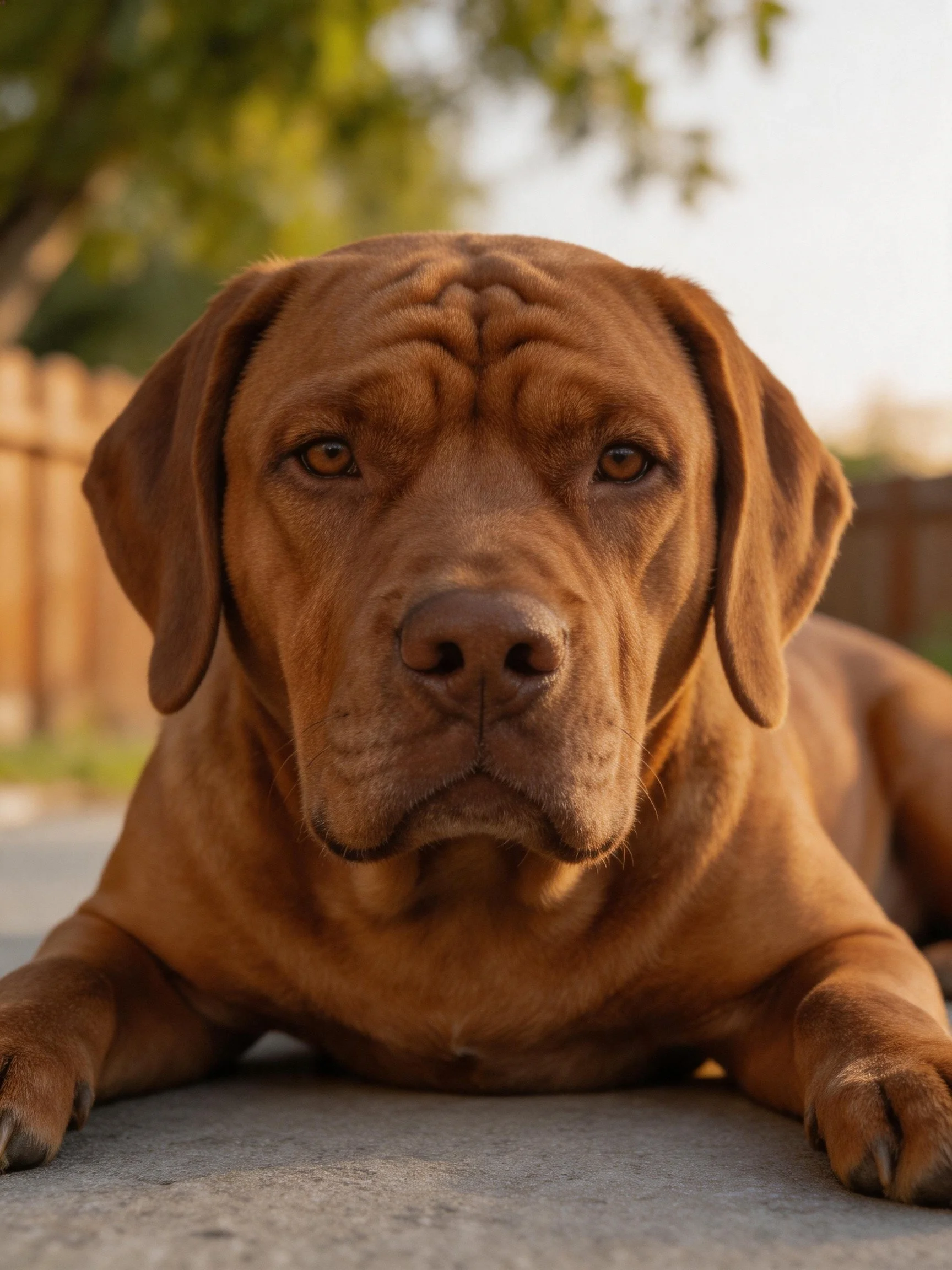 A brown dog rests on a smooth concrete surface outdoors