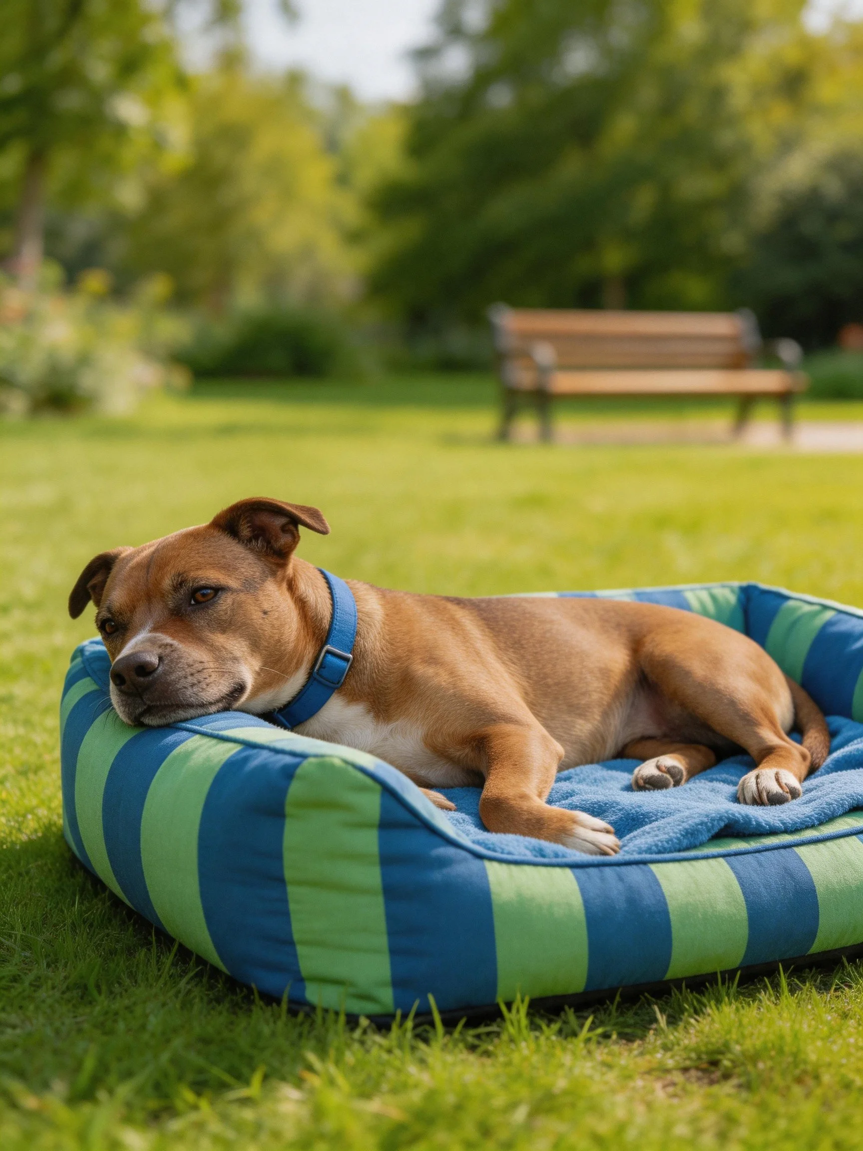 A brown dog rests on a striped pet bed in a sunny park