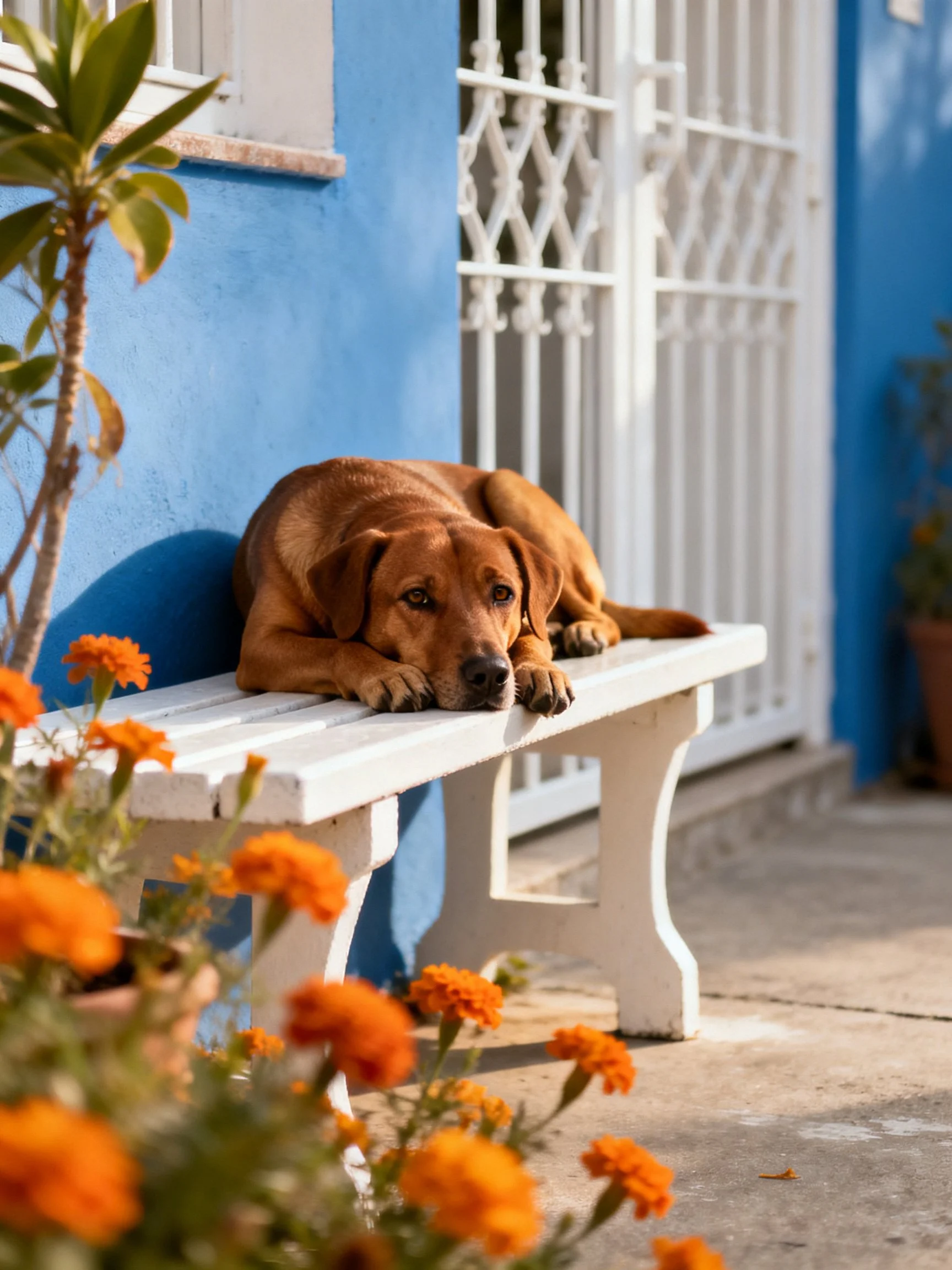 A brown dog rests on a white bench near vibrant orange flowers by a blue wall