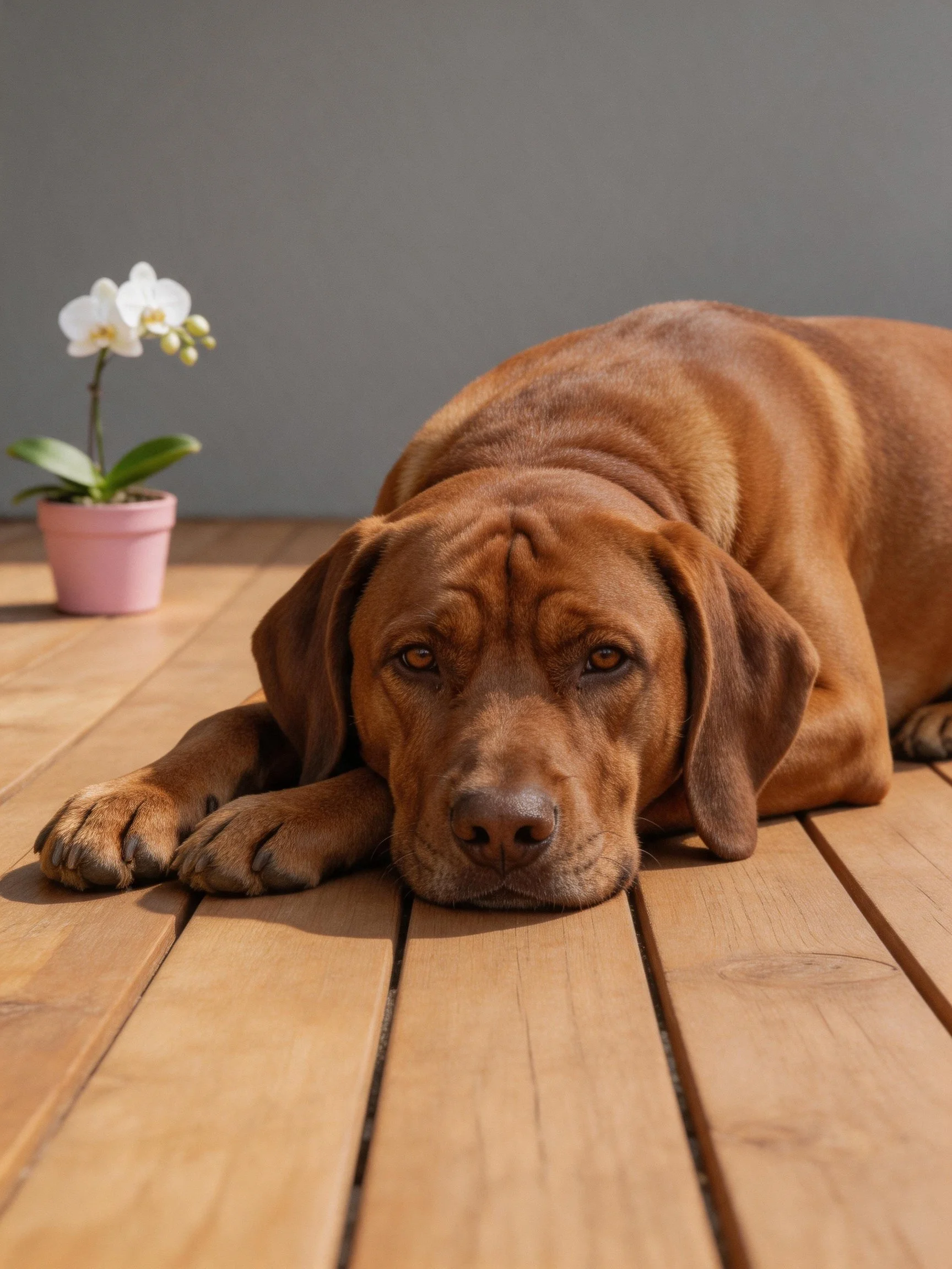 A brown dog rests on a wooden deck beside a pink potted orchid