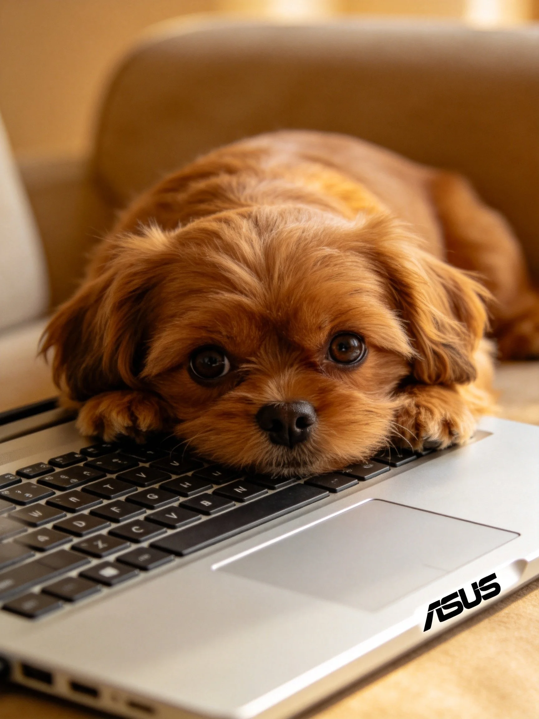 A brown dog rests on an ASUS laptop keyboard