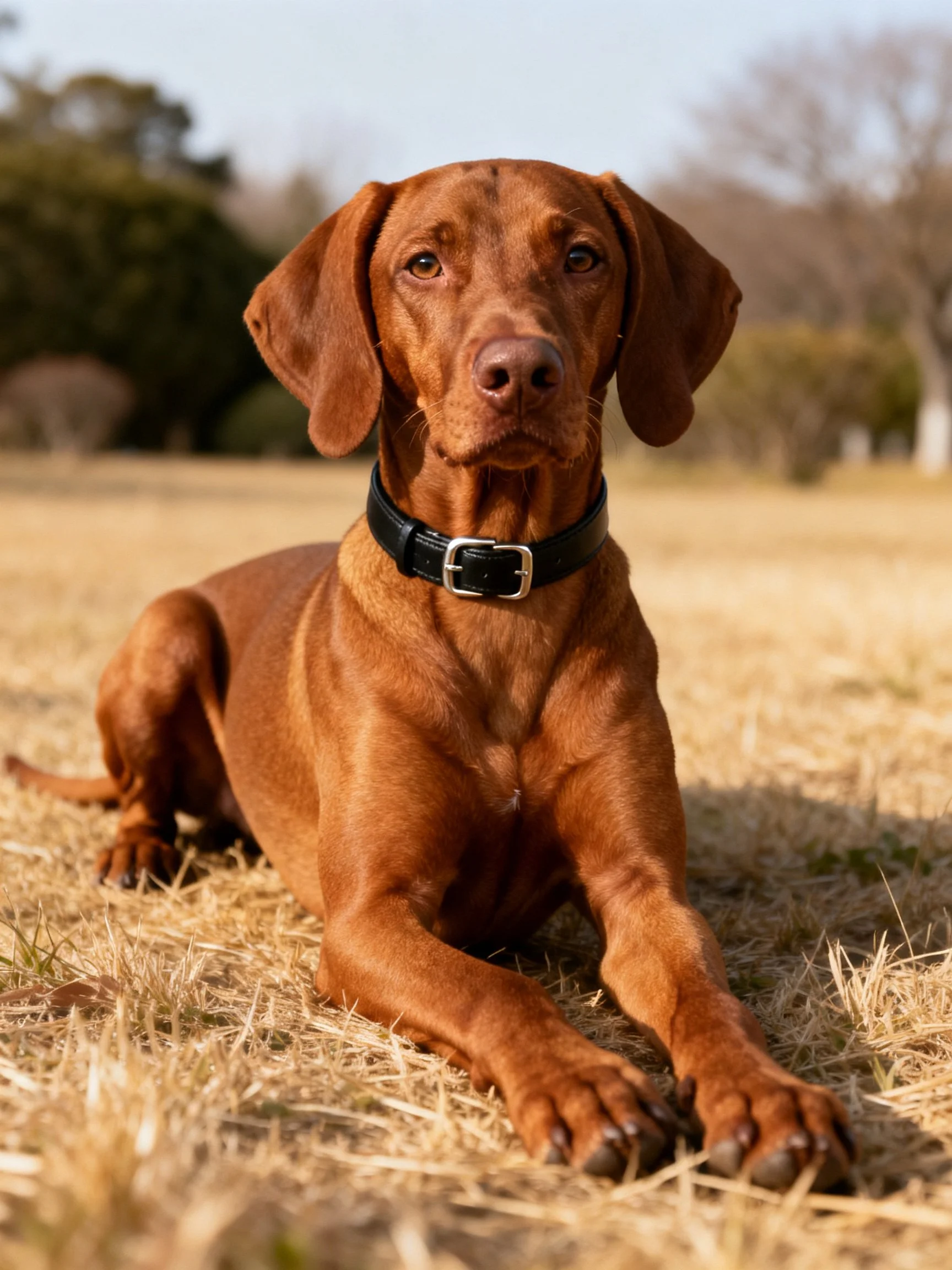 A brown dog rests on dry grass with a black collar