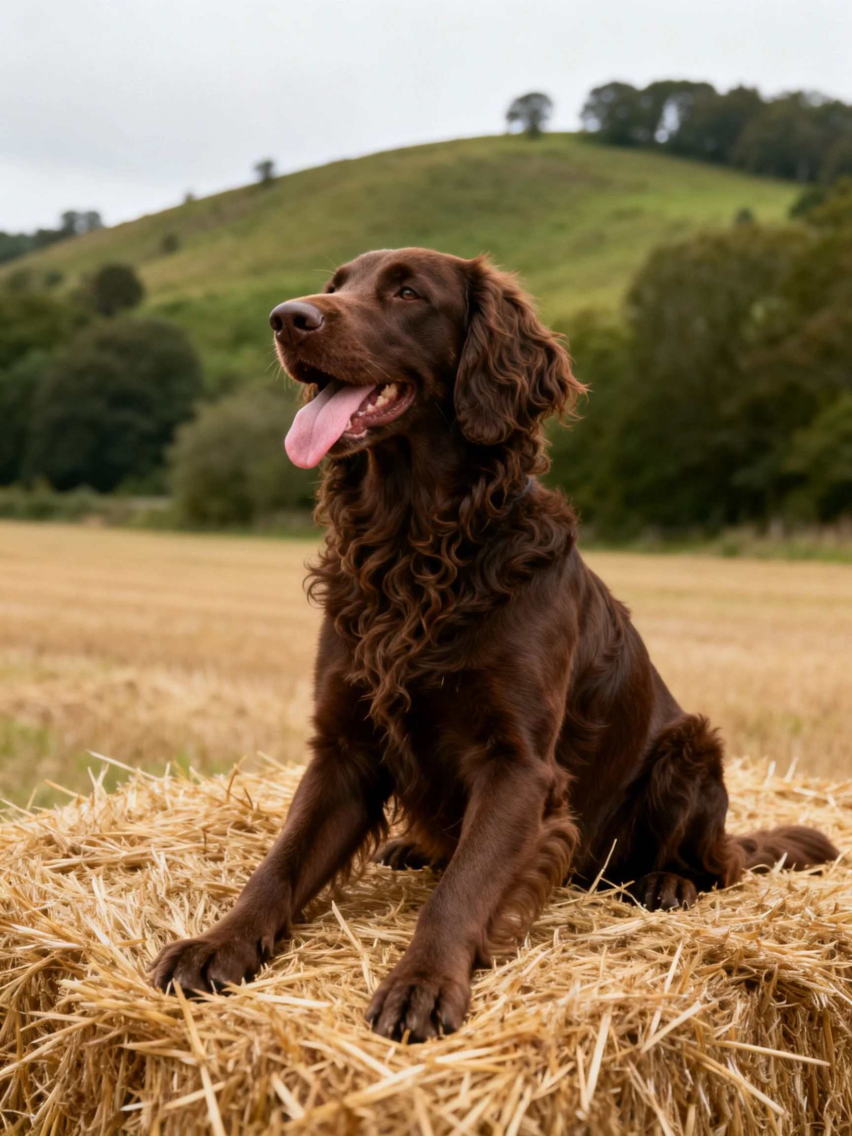 A brown dog relaxes on hay bales in a serene countryside landscape.