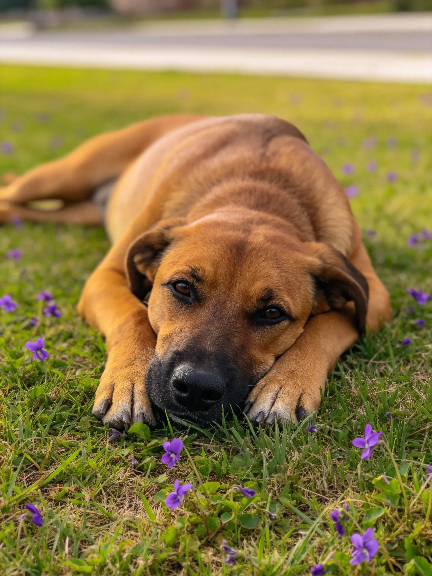 A brown dog lies peacefully among purple flowers on green grass.