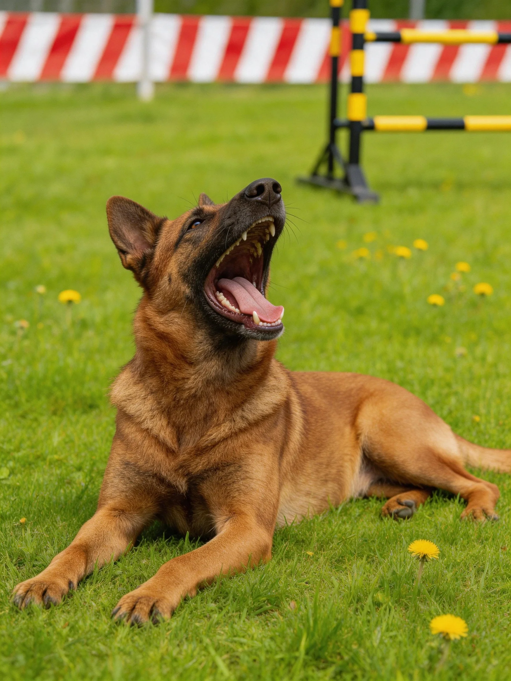 A brown dog relaxes on green grass near agility hurdles.