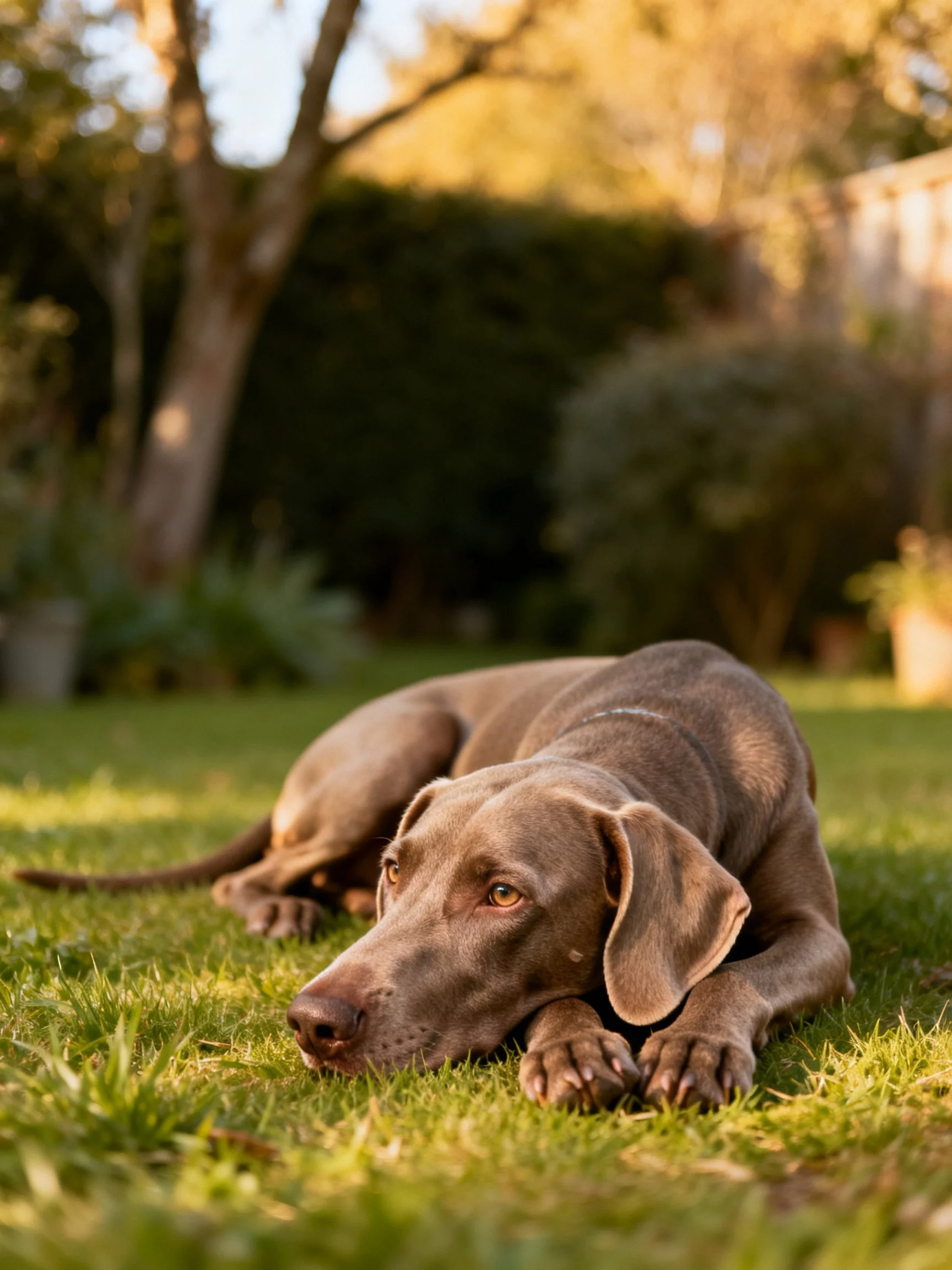 A brown dog lies peacefully on grass in a sunlit garden.
