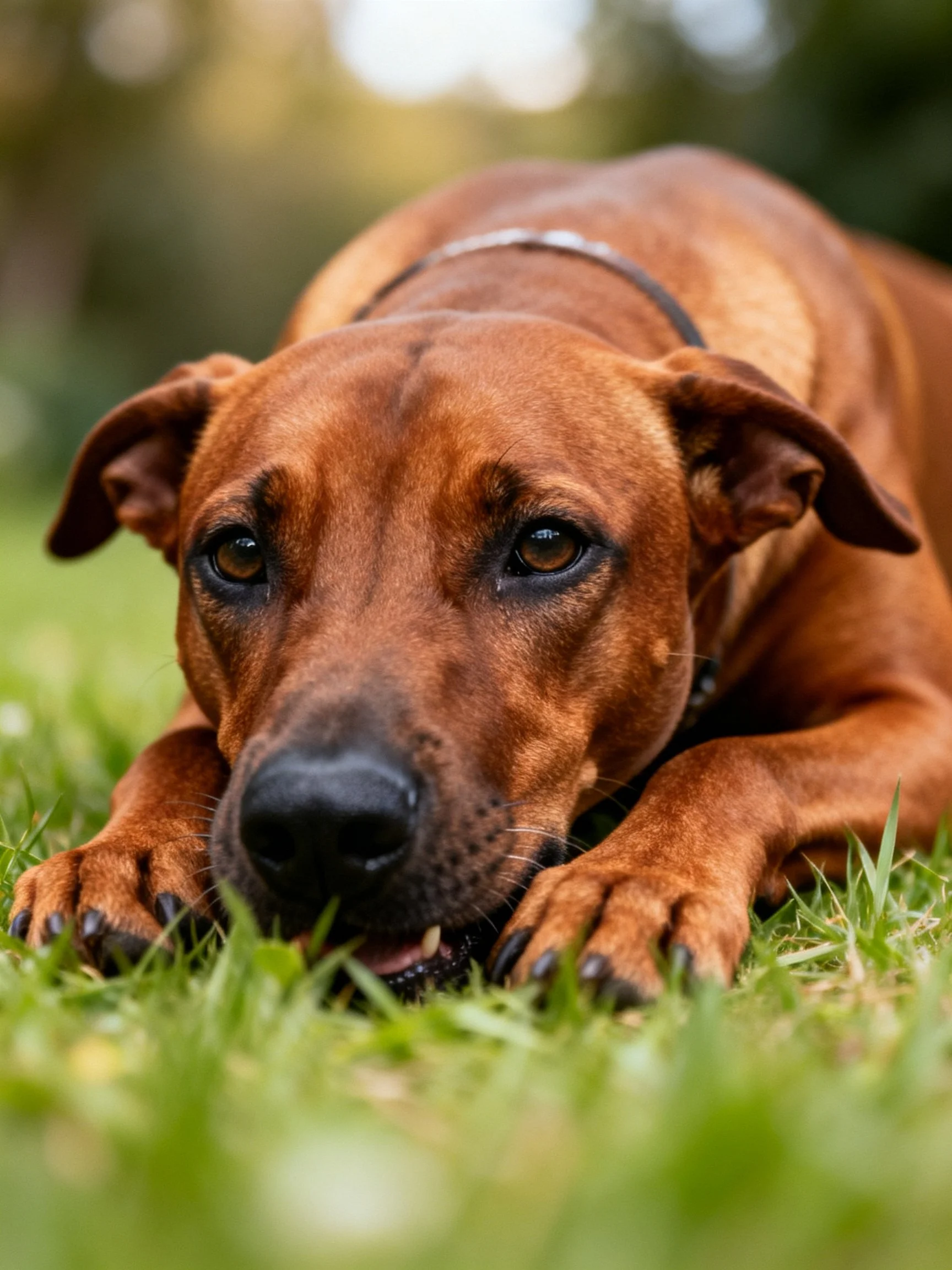 A brown dog lies calmly on grass, head lowered, eyes focused.