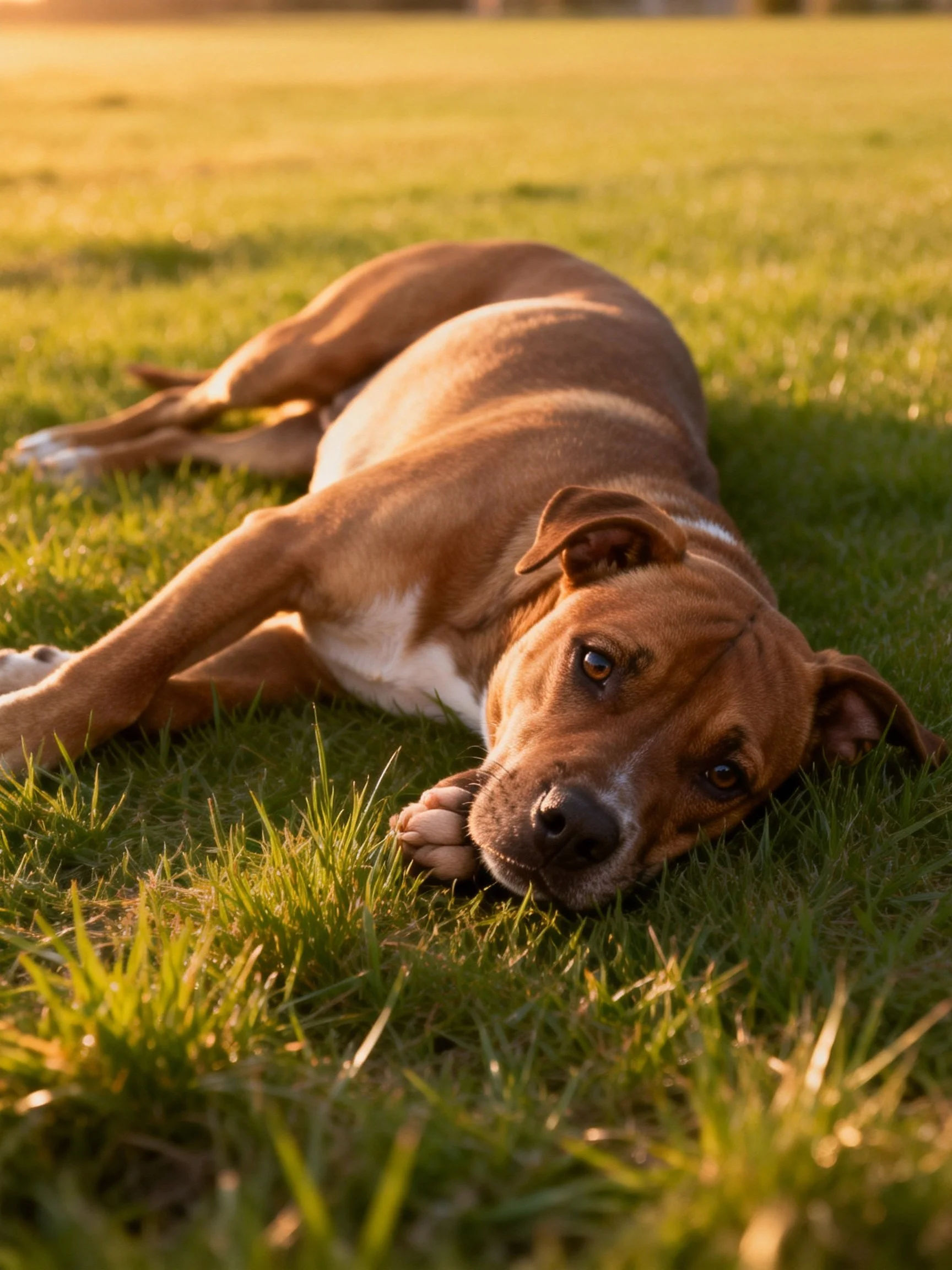 A brown dog relaxes on green grass amid warm sunlight.