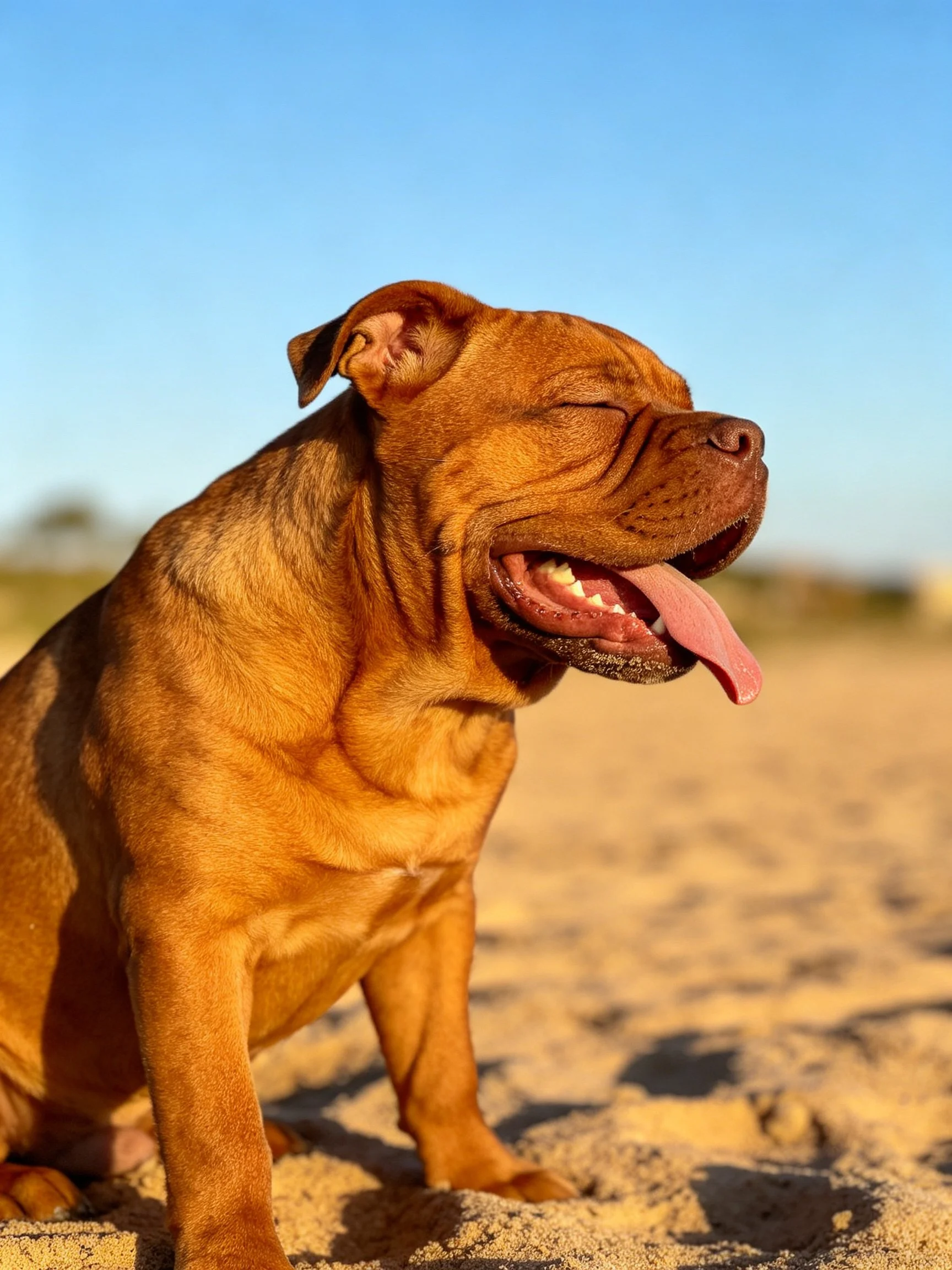 A brown dog rests on sandy ground beneath a clear blue sky