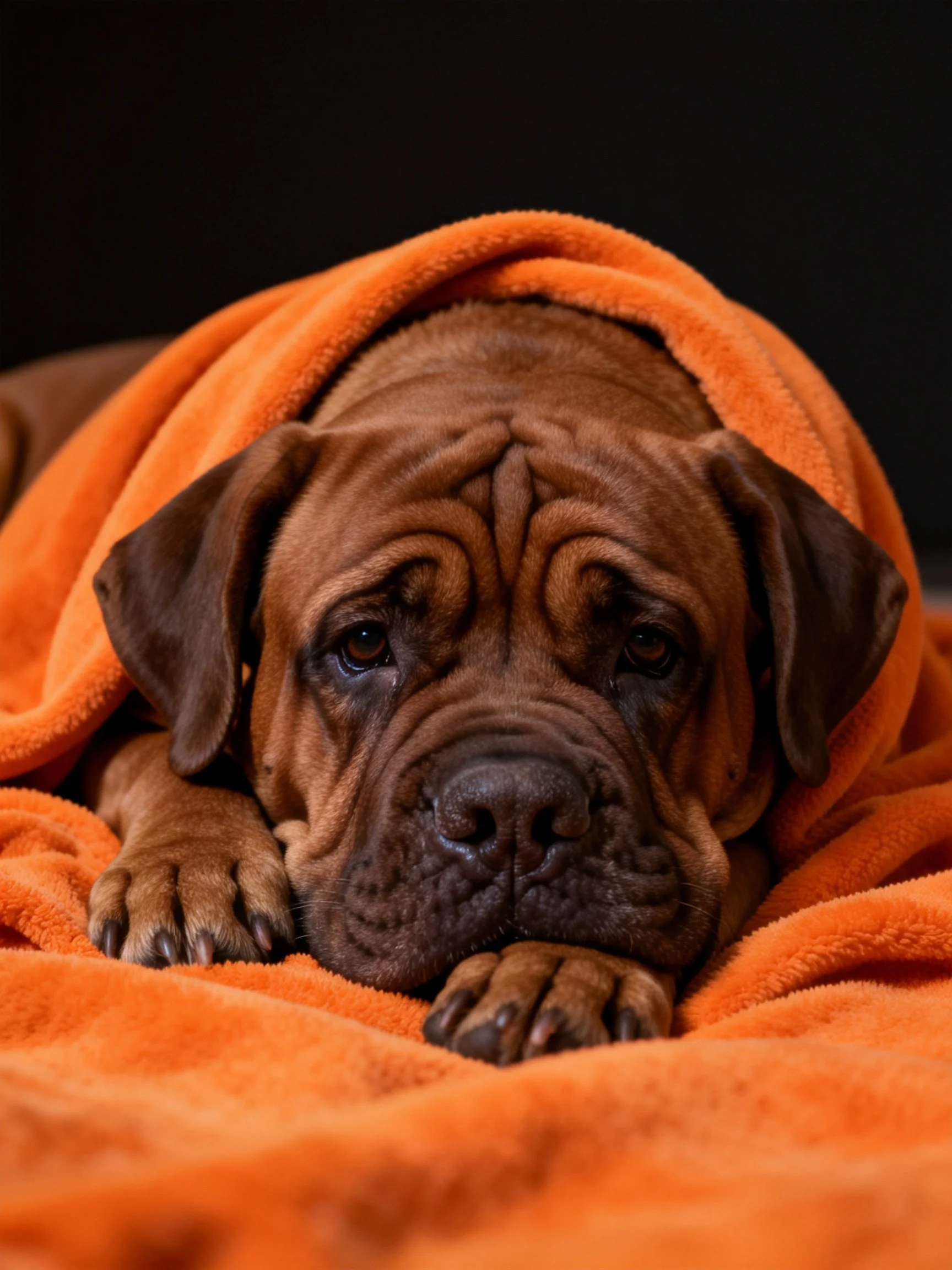A brown dog rests quietly underan orange blanket.