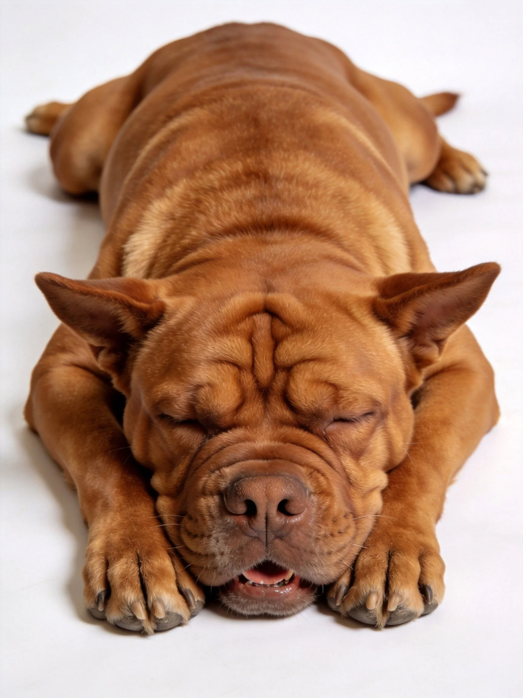 A brown dog rests with closed eyes