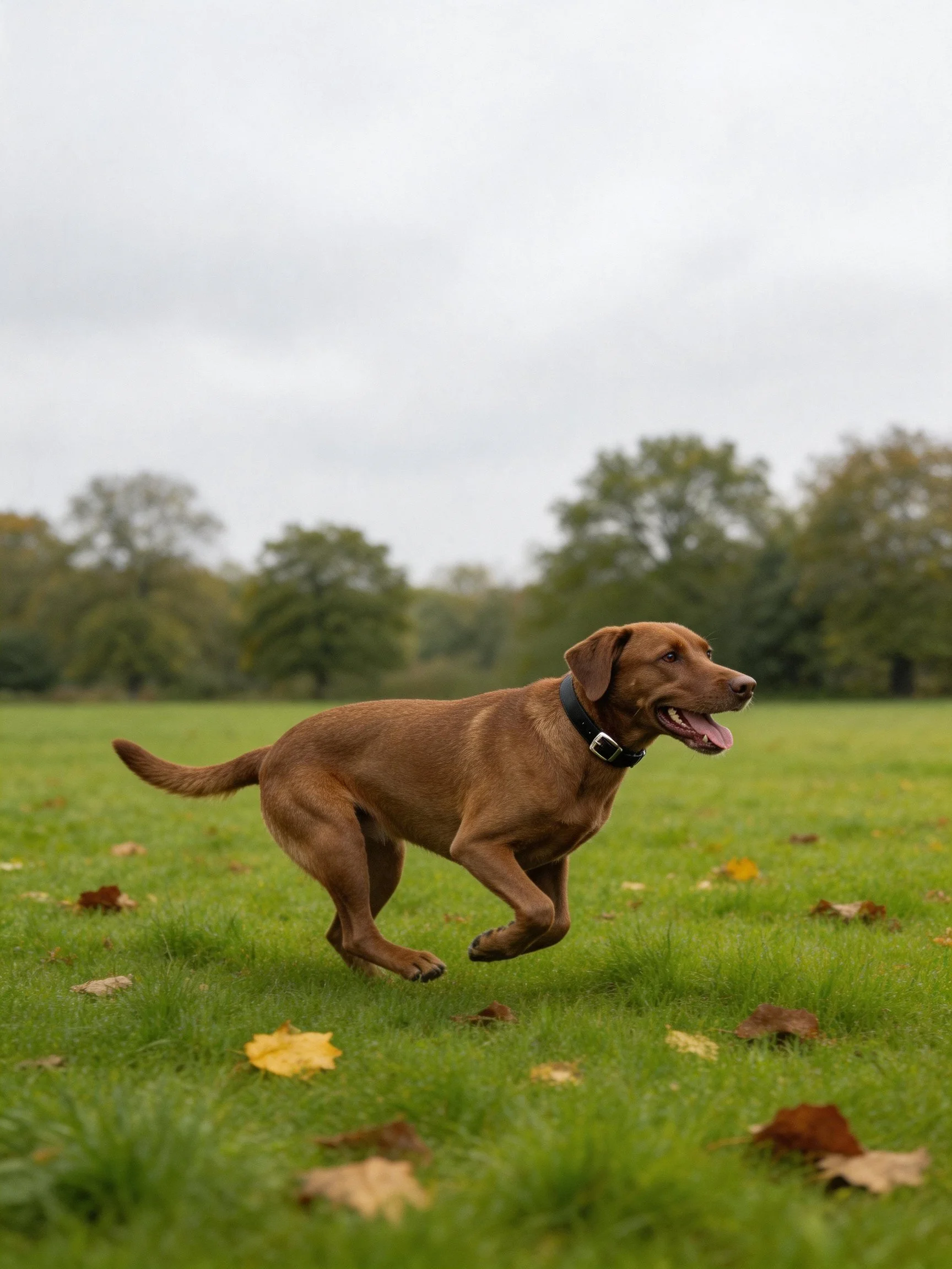 A brown dog running through an autumnal green field