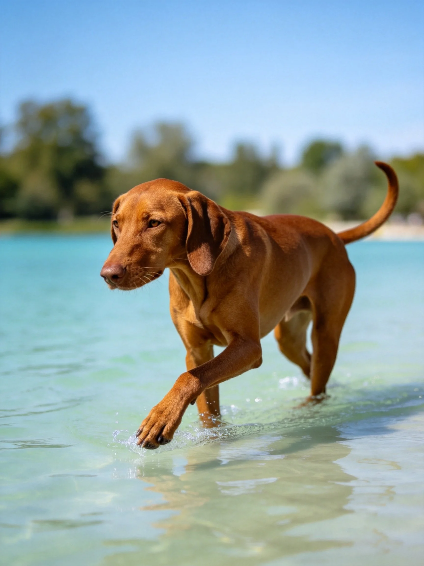 A brown dog runs through shallow turquoise water near green trees.