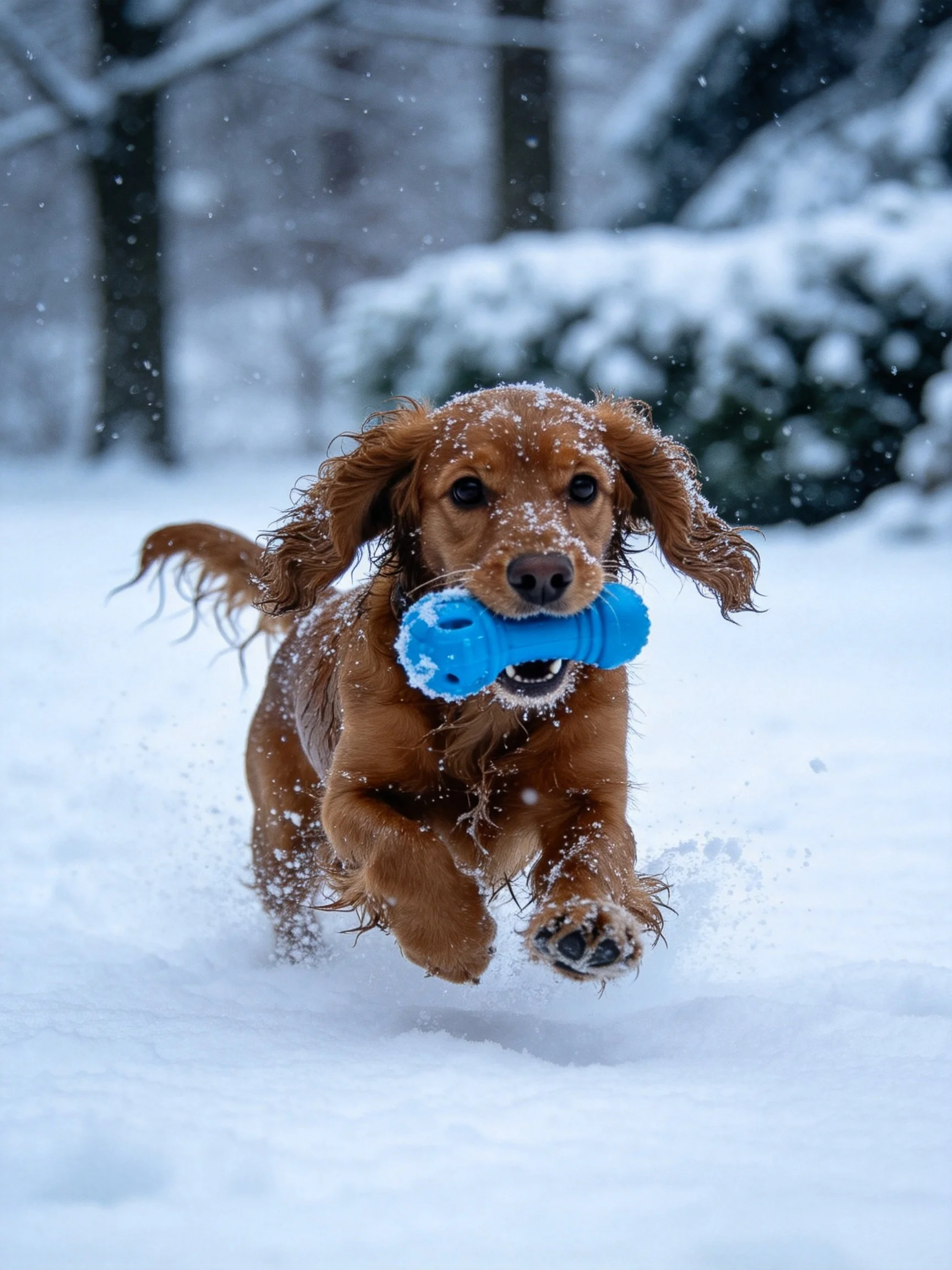 A brown dog running with a bright blue toy in snow