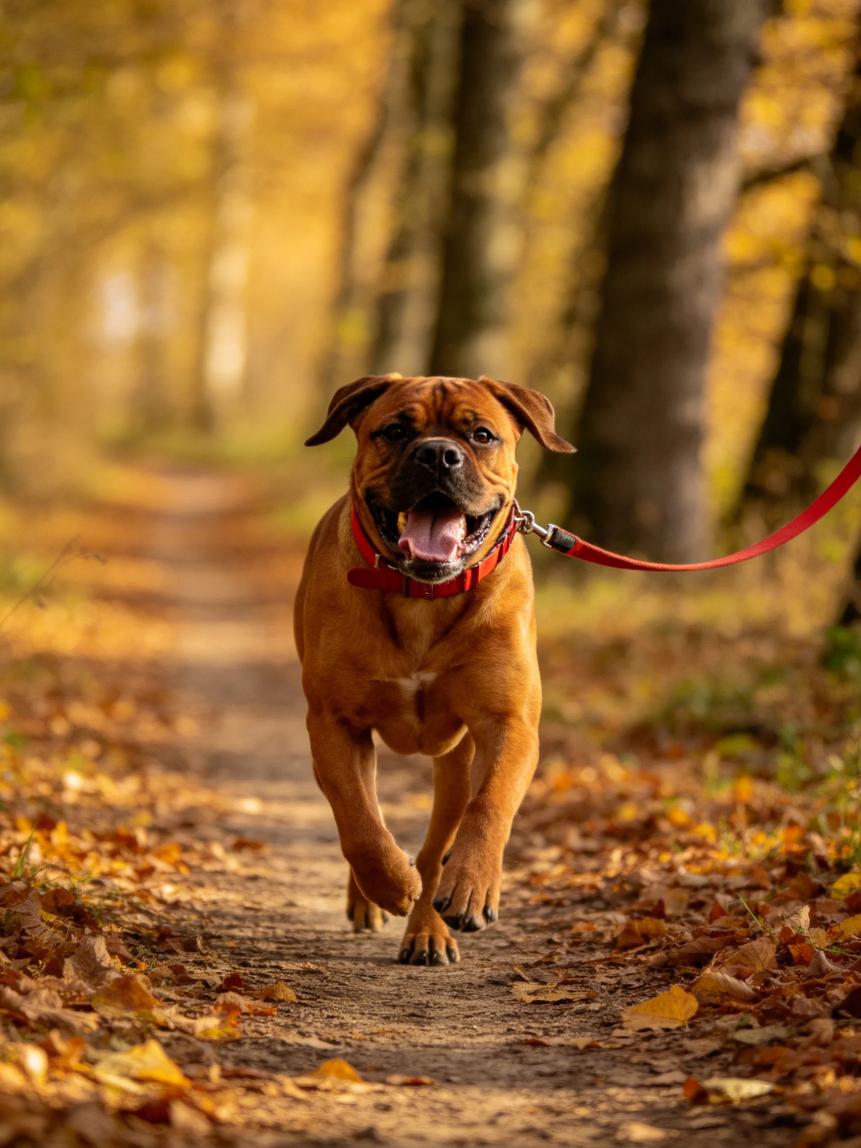 A brown dog joyfully runs on a leaf-littered forest path.