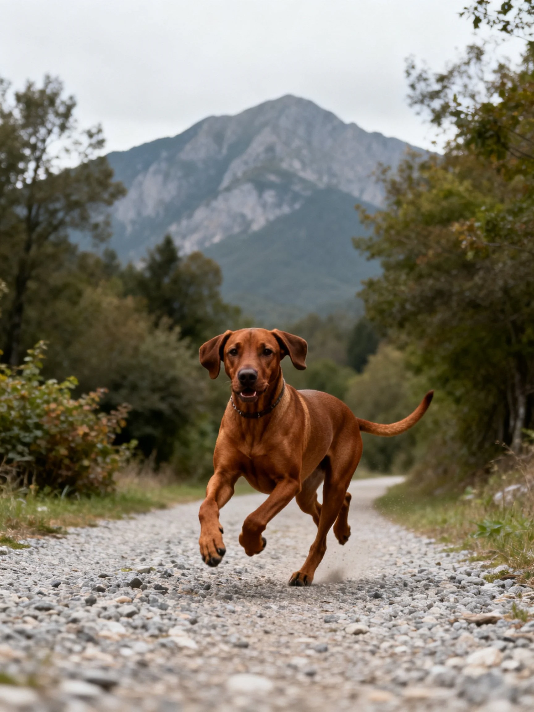 A brown dog runs along a gravel path with mountains and trees in the background