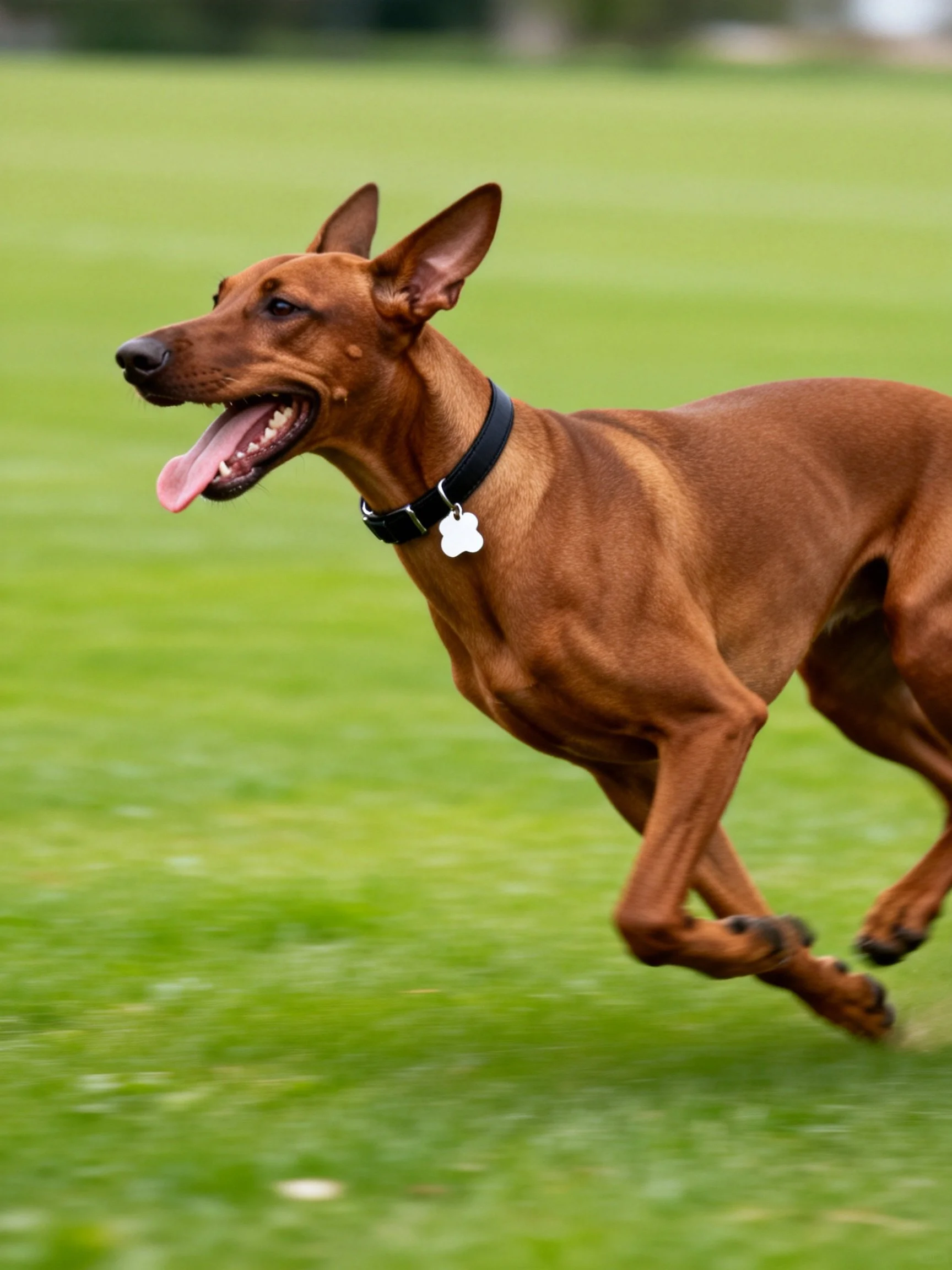 A brown dog runs joyfully across a green lawn.