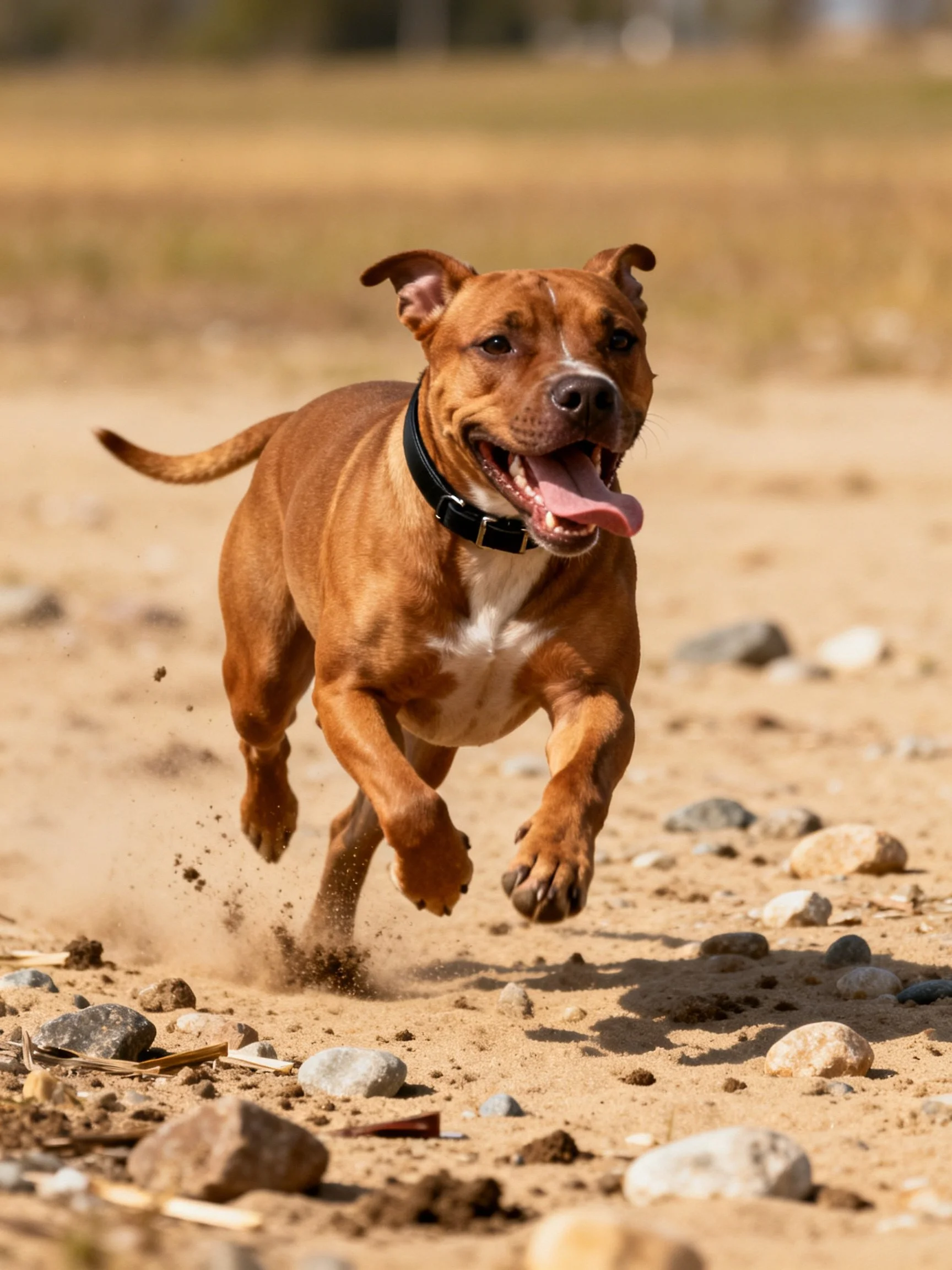 A brown dog joyfully runs over rocks and dusty terrain.