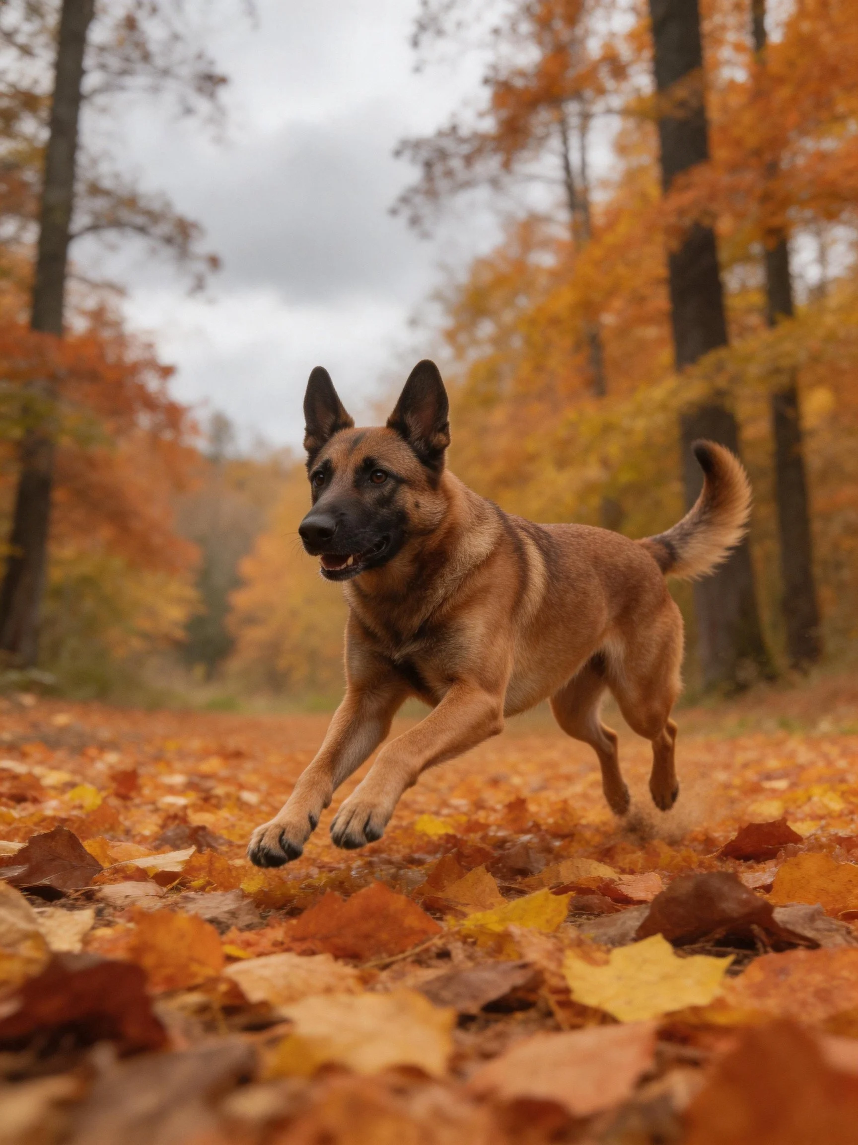 A brown dog runs through autumn leaves in a forest path