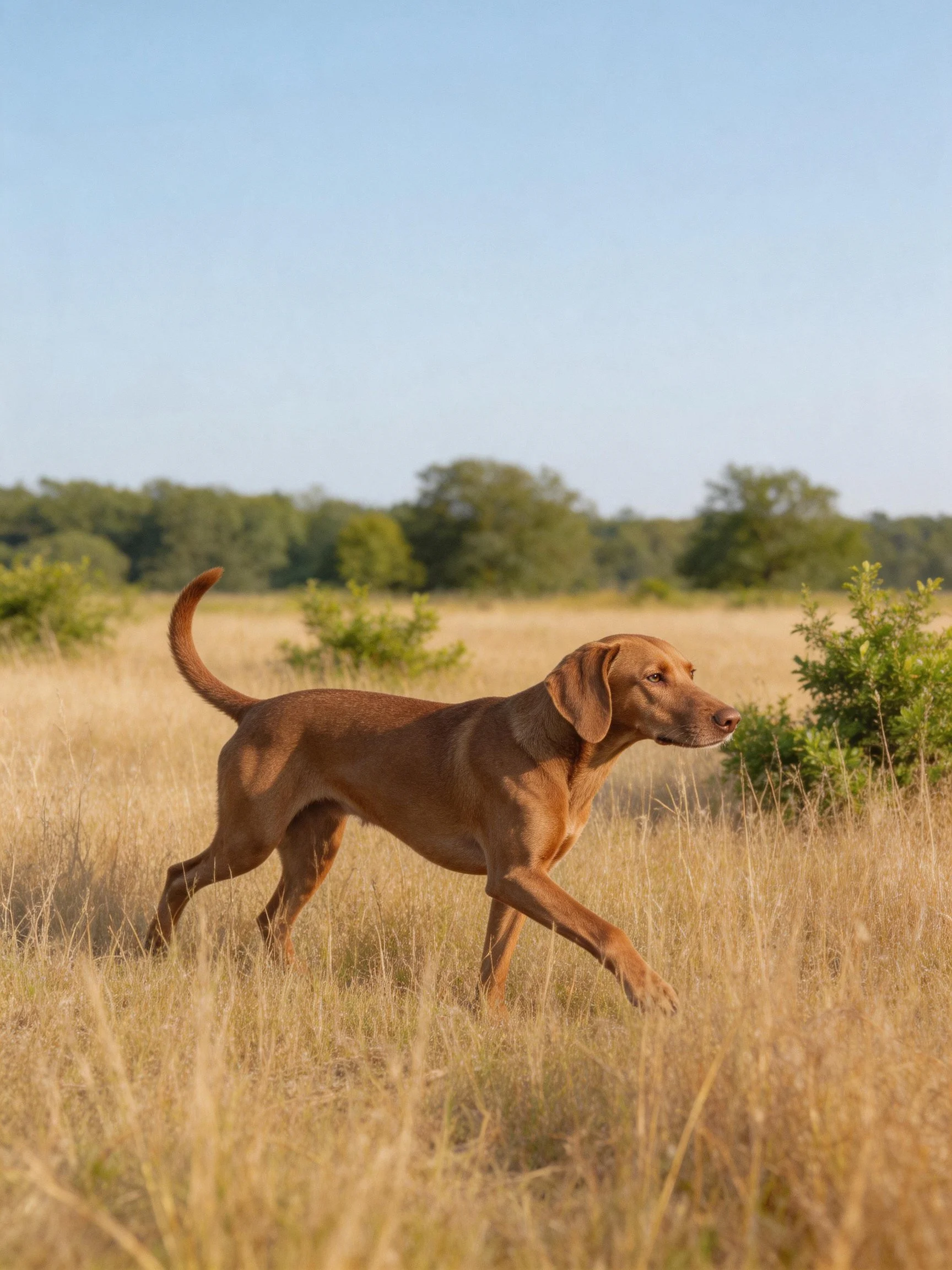 A brown dog runs through golden grass in an open field.