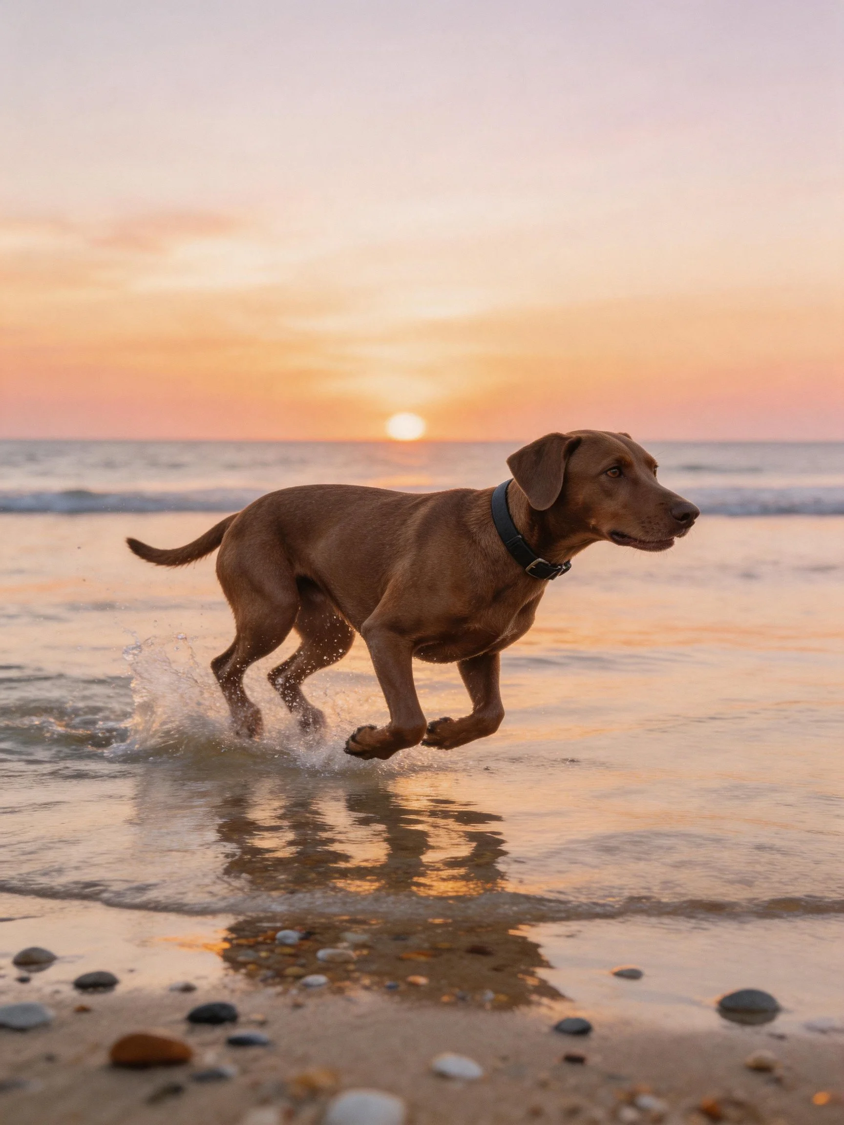 A brown dog runs through shallow ocean water at sunset