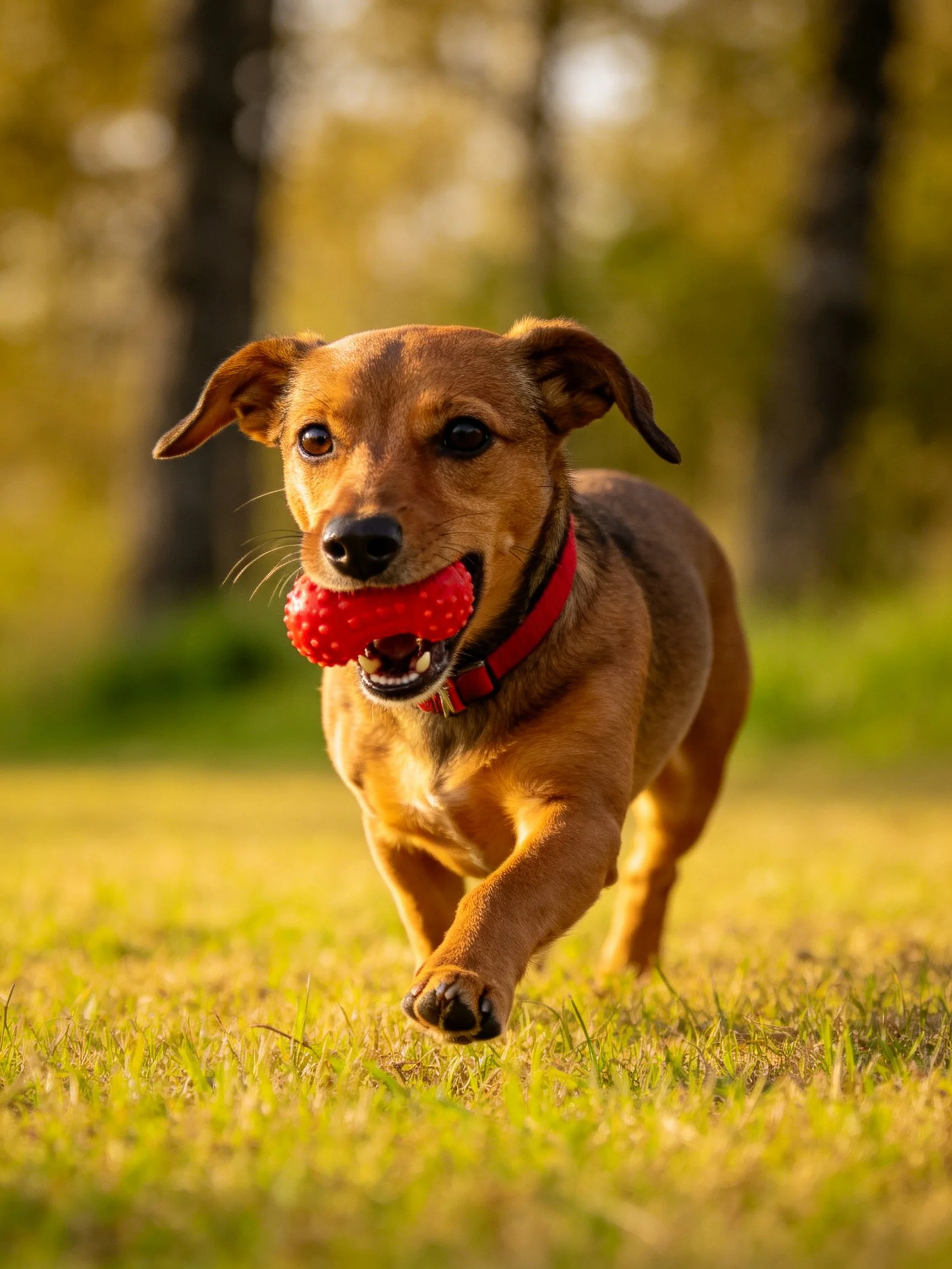 A brown dog carries a red toy while running across a grassy field.